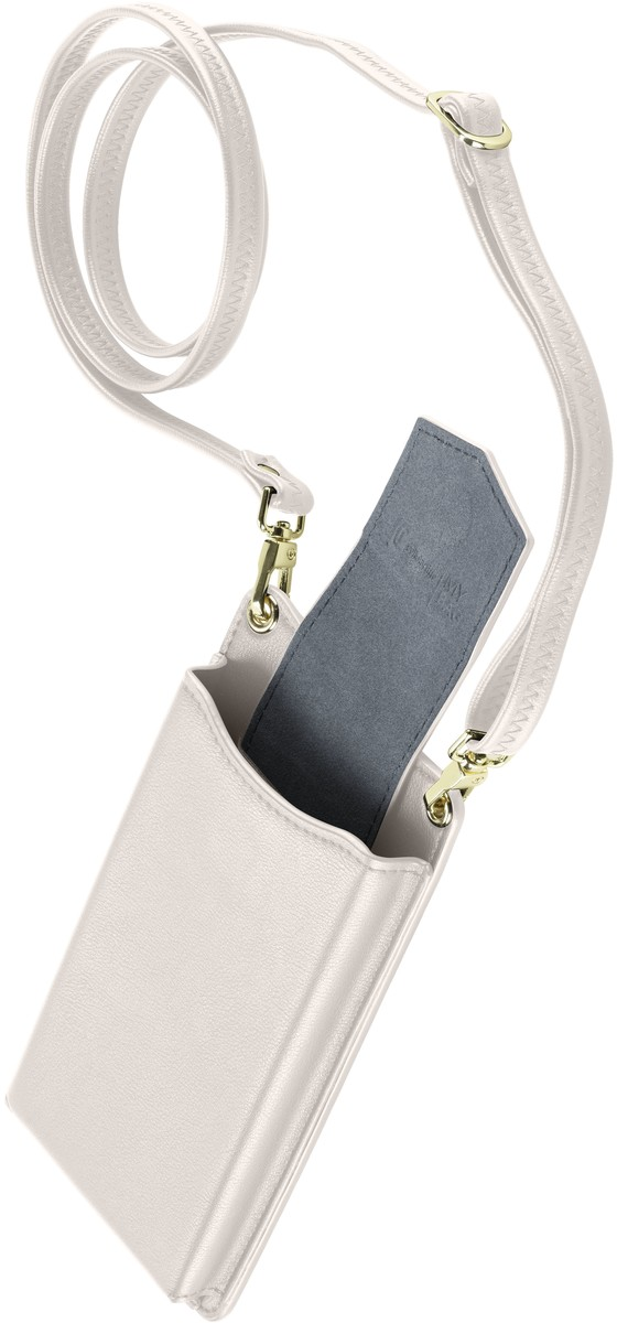 Coque de téléphone blanche avec une sangle et une poche. Une carte bleue est partiellement visible dans la poche.