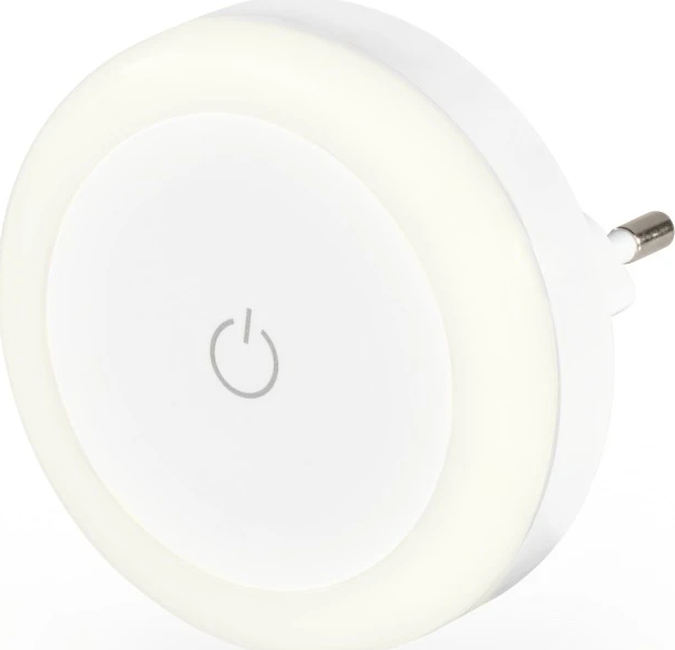 Luce notturna bianca e circolare con icona del pulsante di accensione e anello esterno luminoso.