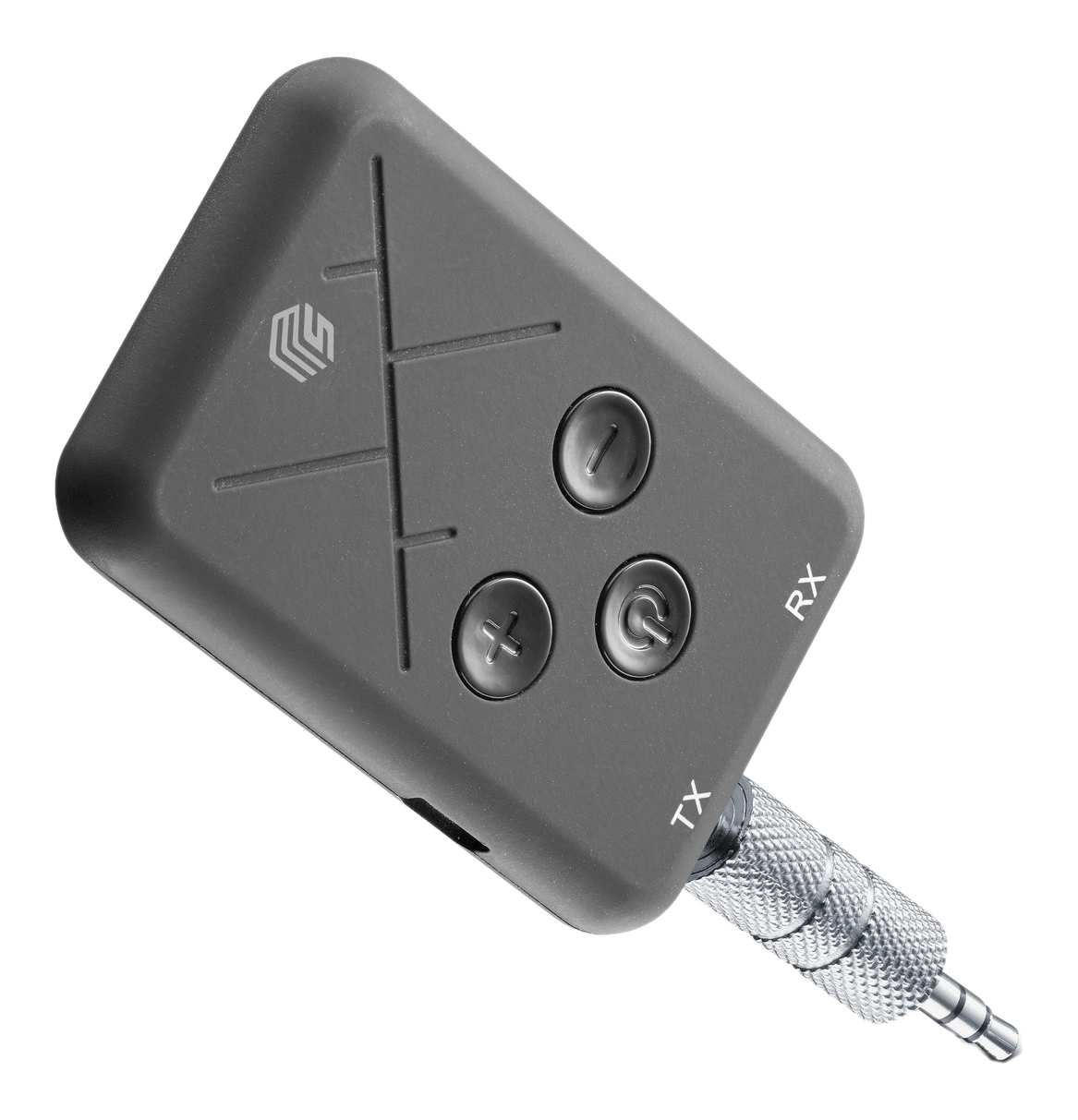 Un émetteur/récepteur Bluetooth gris avec trois boutons et une prise jack 3,5 mm.