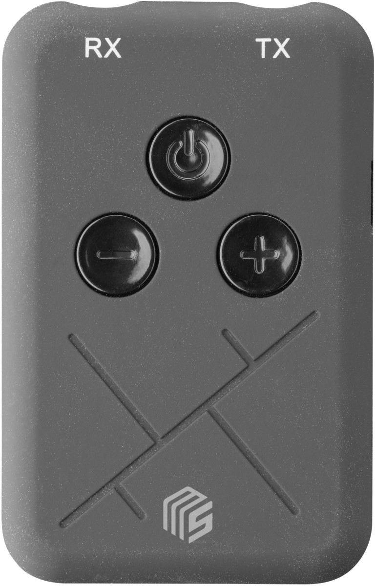 Appareil gris avec étiquettes RX/TX, boutons marche/arrêt, moins, plus.
