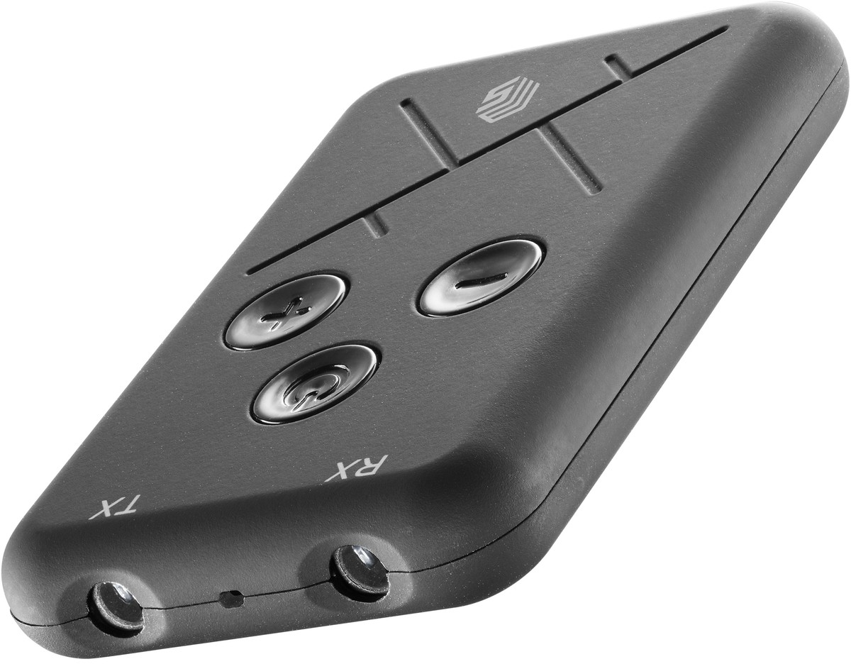 Un appareil rectangulaire noir aux coins arrondis, avec trois boutons et deux ports.
