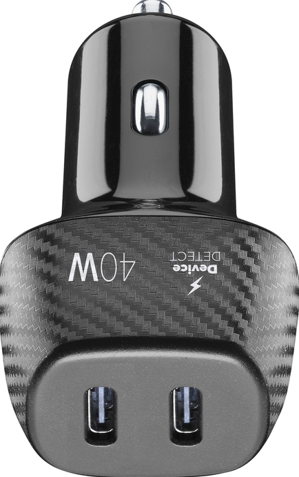 Schwarzes und silbernes Autoladegerät mit zwei USB-Anschlüssen und 40W-Leistungsaufkleber.