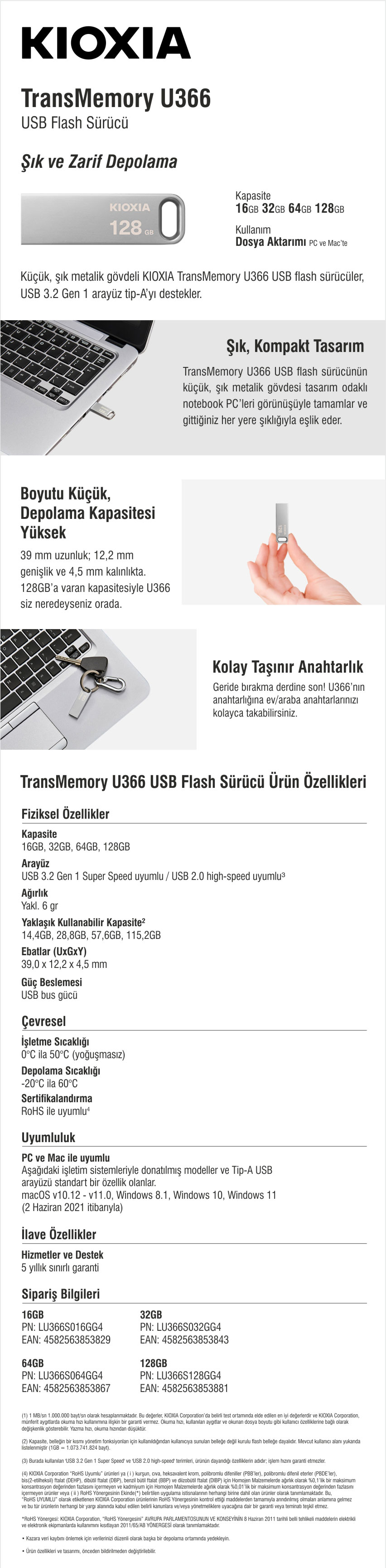 Teknik özelliklere sahip bir KIOXIA USB flash sürücüsü hakkında ürün bilgi formu.