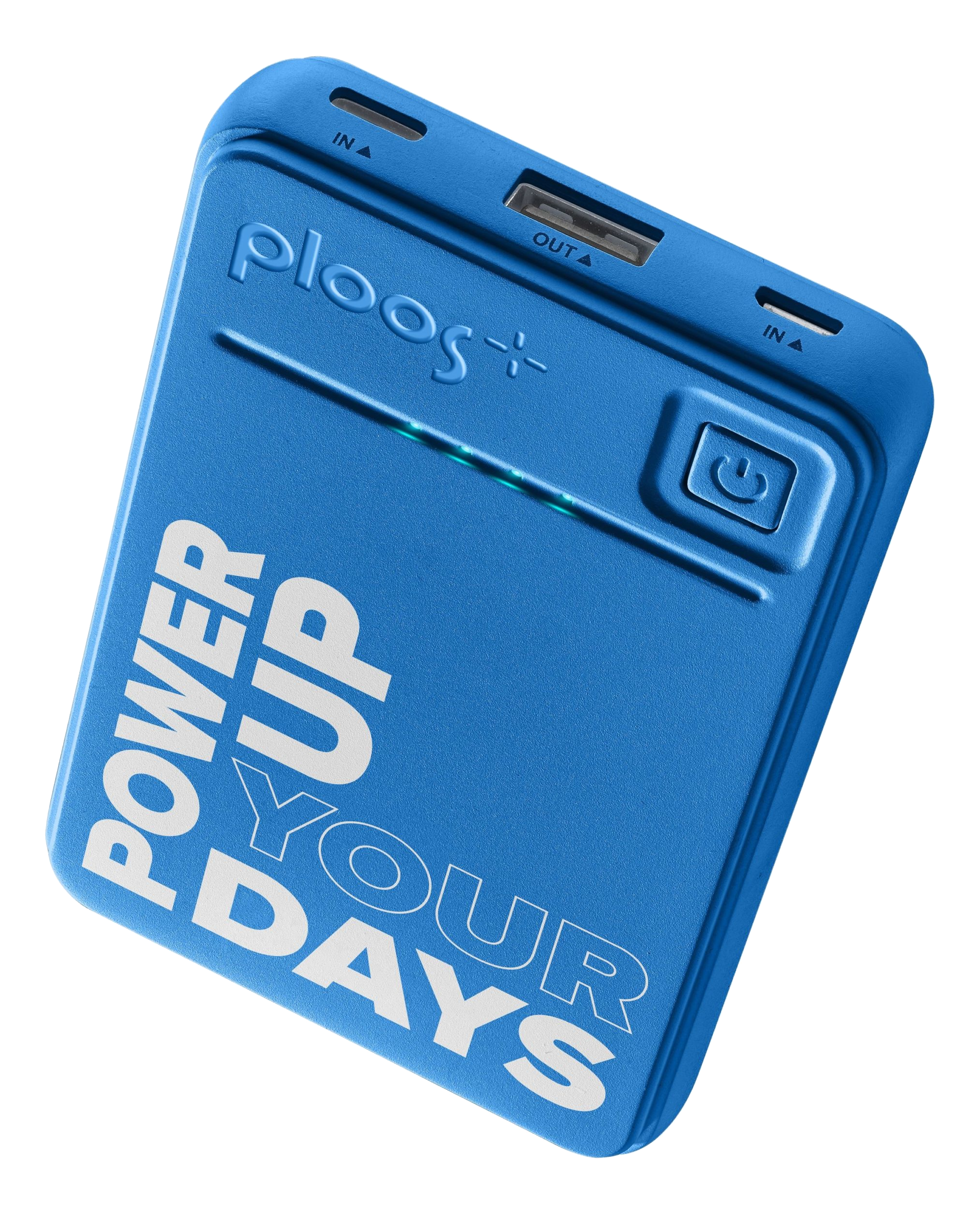 Blaue Powerbank mit weißem Text 'POWER UP YOUR DAYS' und einem Power-Knopf. Anschlüsse sind sichtbar.