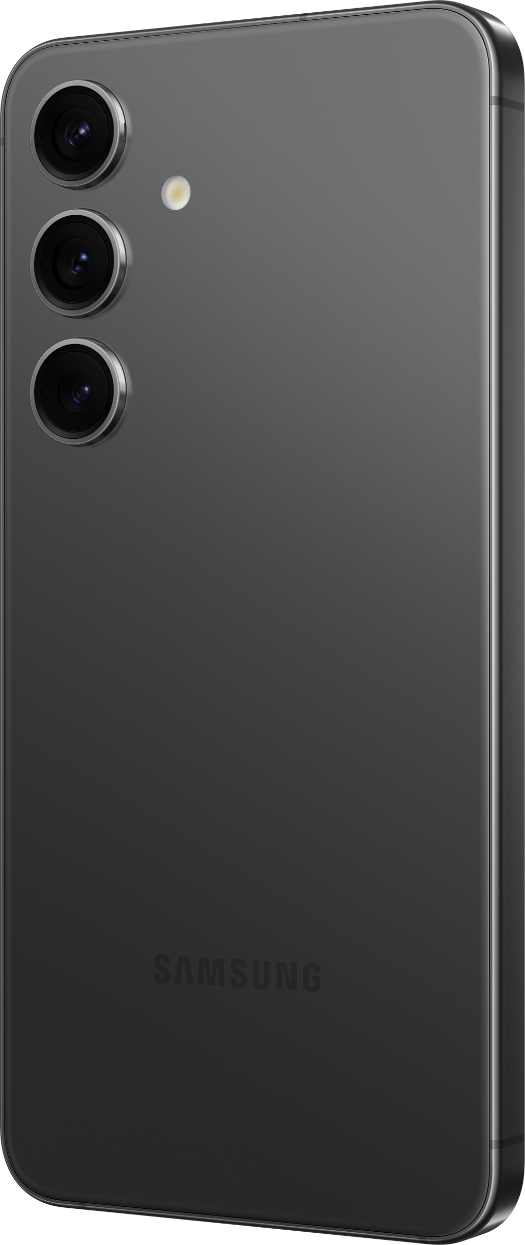 Rückansicht eines schwarzen Smartphones mit drei Kameras, das Samsung Logo zeigend.