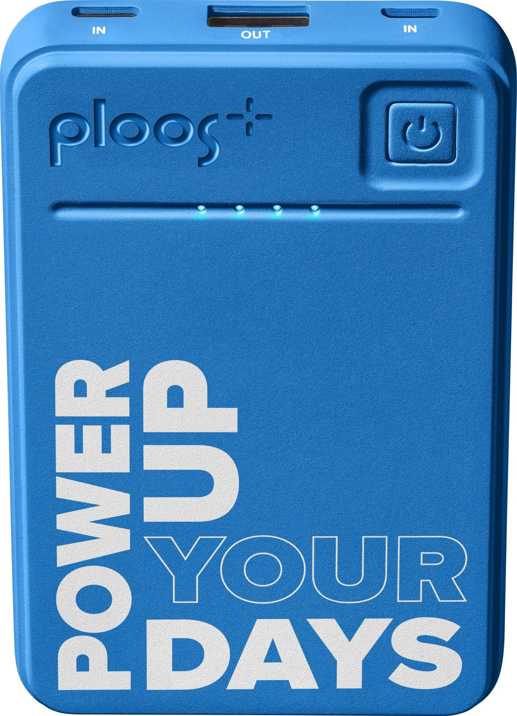 Blaue Powerbank. Text: Power up your days. Knöpfe und Anschlüsse sichtbar. Weißer Hintergrund.