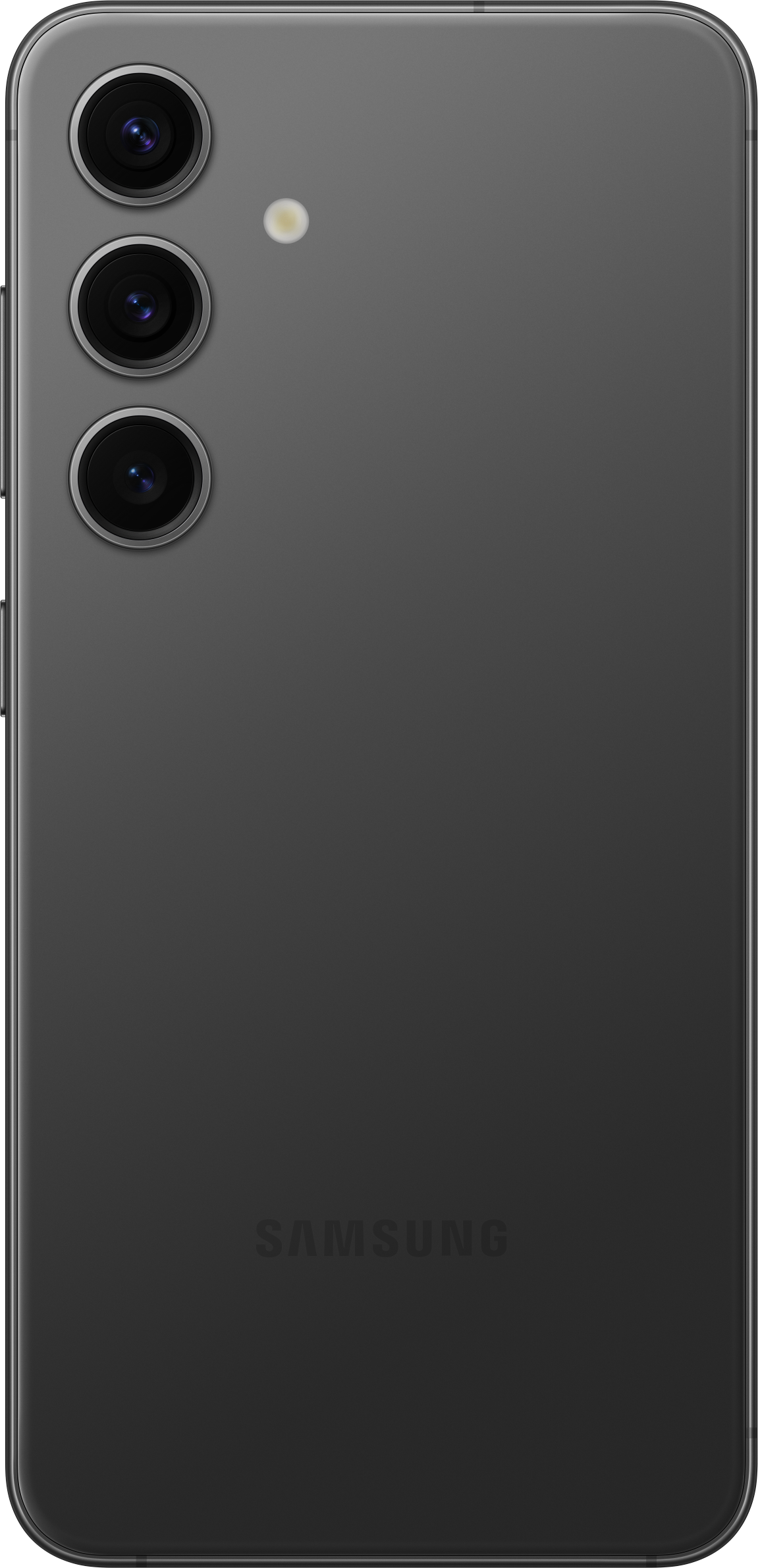Ein dunkelgraues Smartphone mit Dreifachkameras, von hinten gesehen.