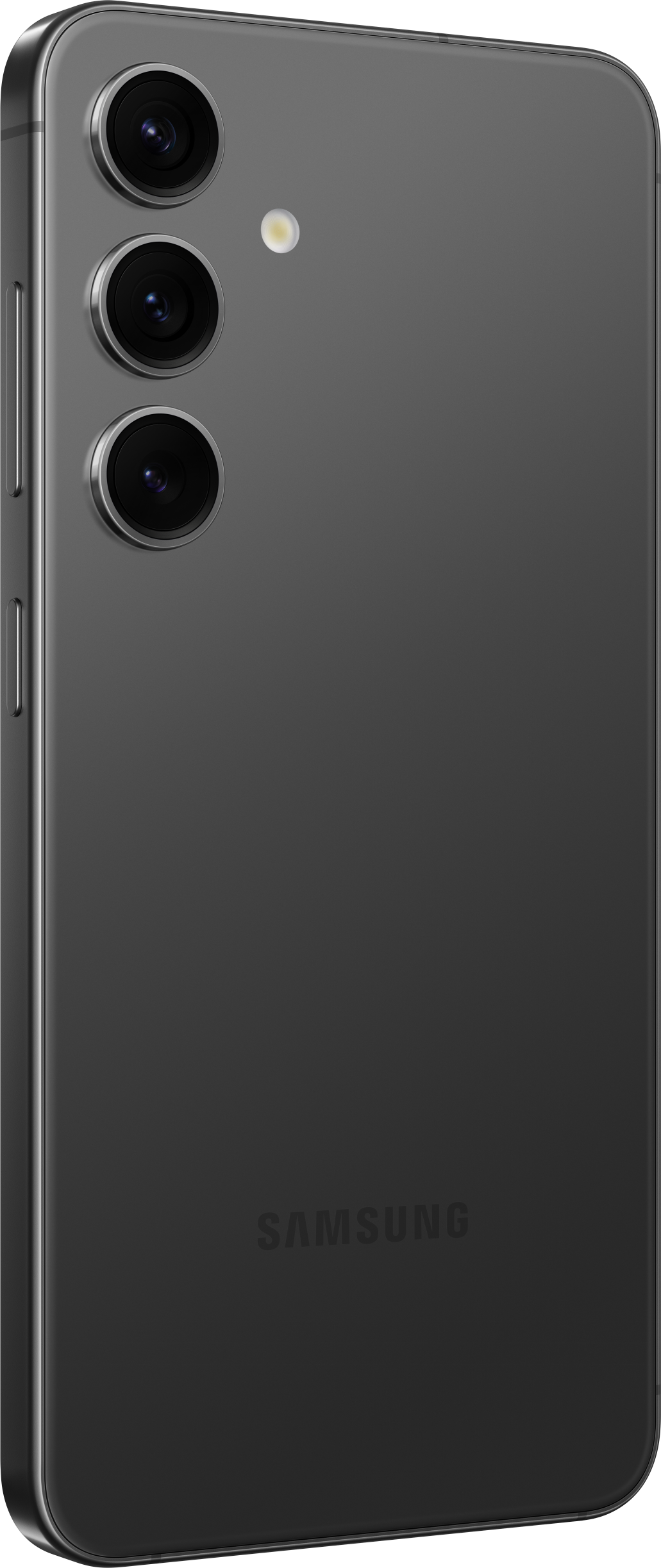 Ein dunkelgraues Smartphone mit drei Rückkameras und einem Samsung-Logo auf der Rückseite.