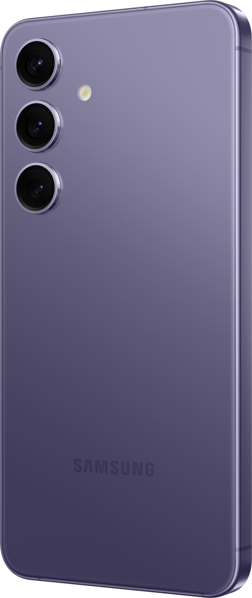 Lila Smartphone. Drei Kameras vertikal. Samsung-Logo sichtbar.