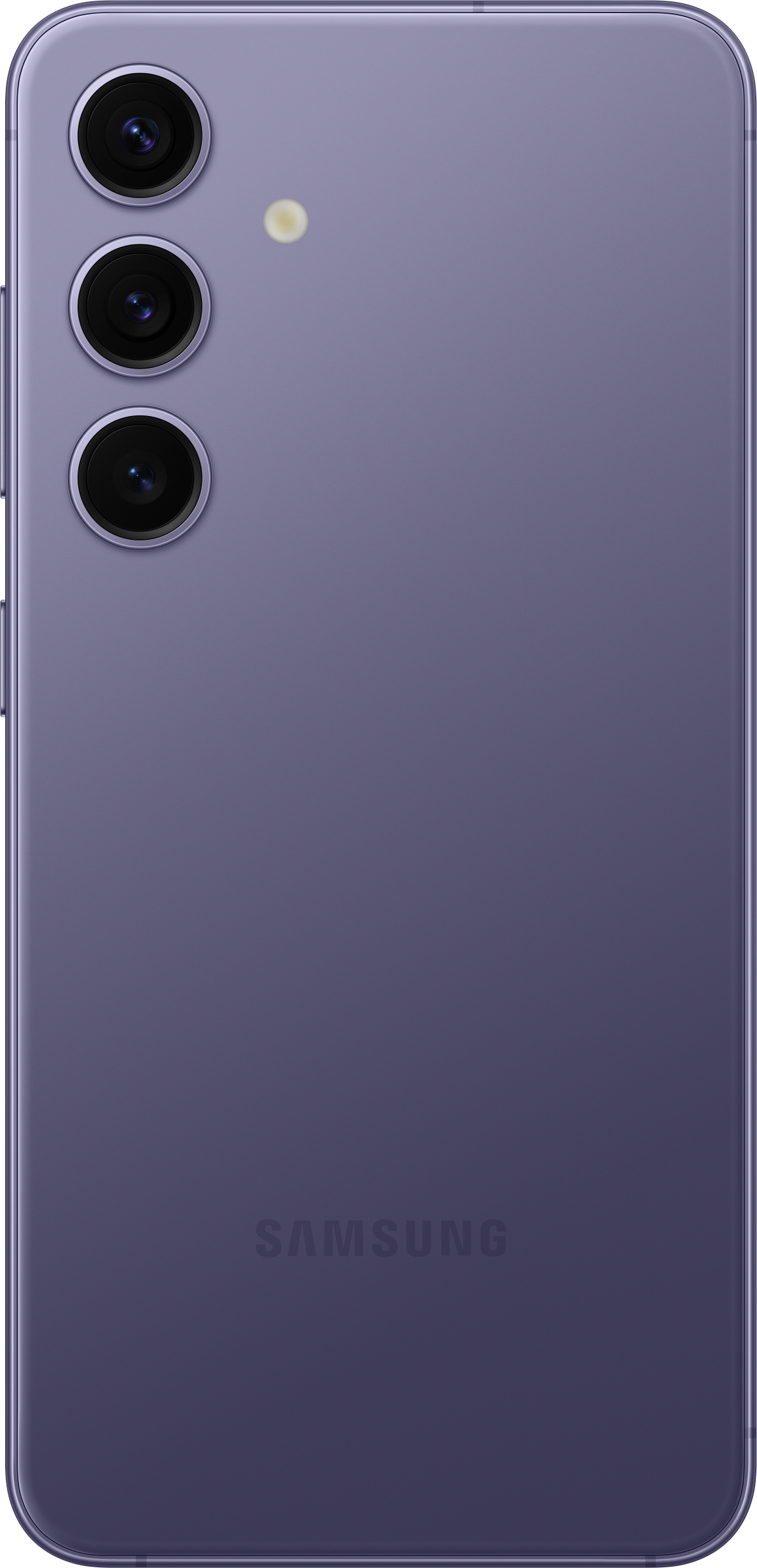Violette Samsung-Telefonrückseite. Drei Kameralinsen und ein Blitz. Samsung-Logo. Schwarzer Hintergrund.