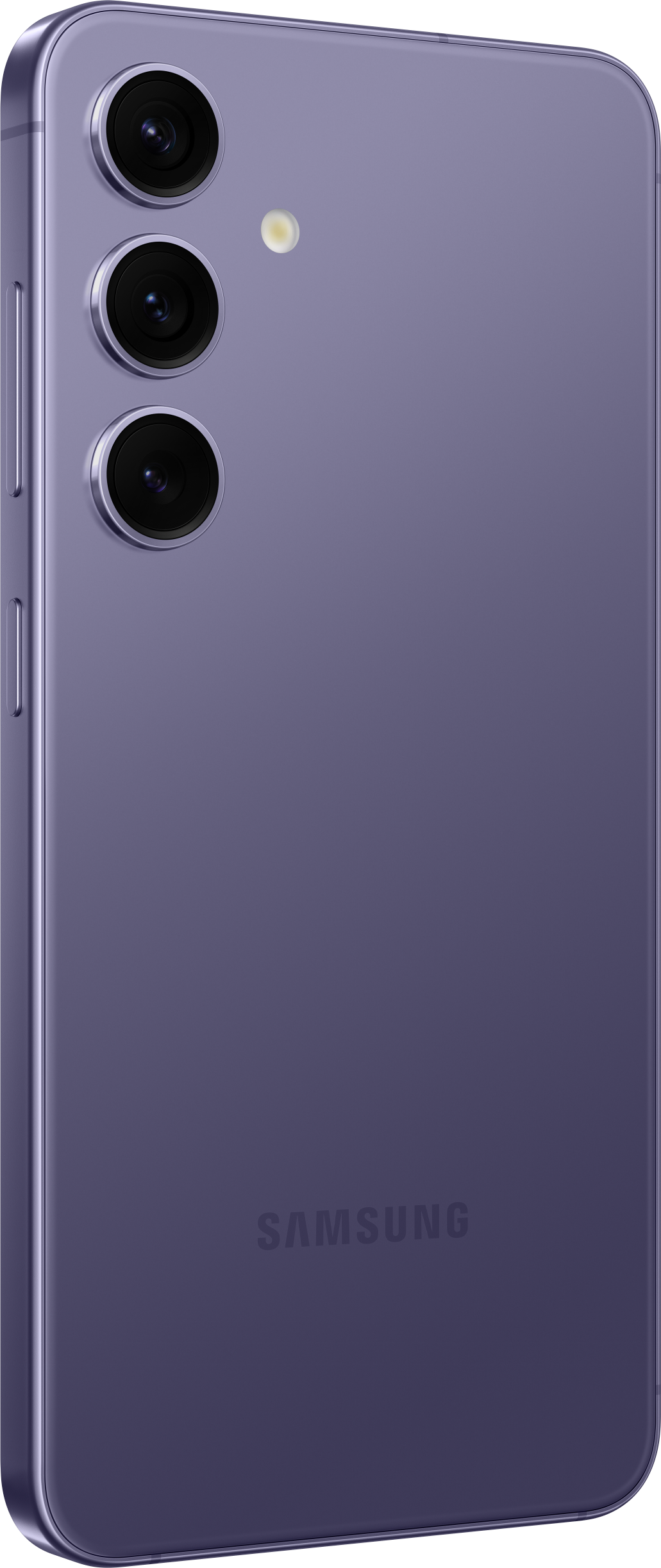 Lila Smartphone-Rückseite mit drei Kameras und Blitz, auf schwarzem Hintergrund.