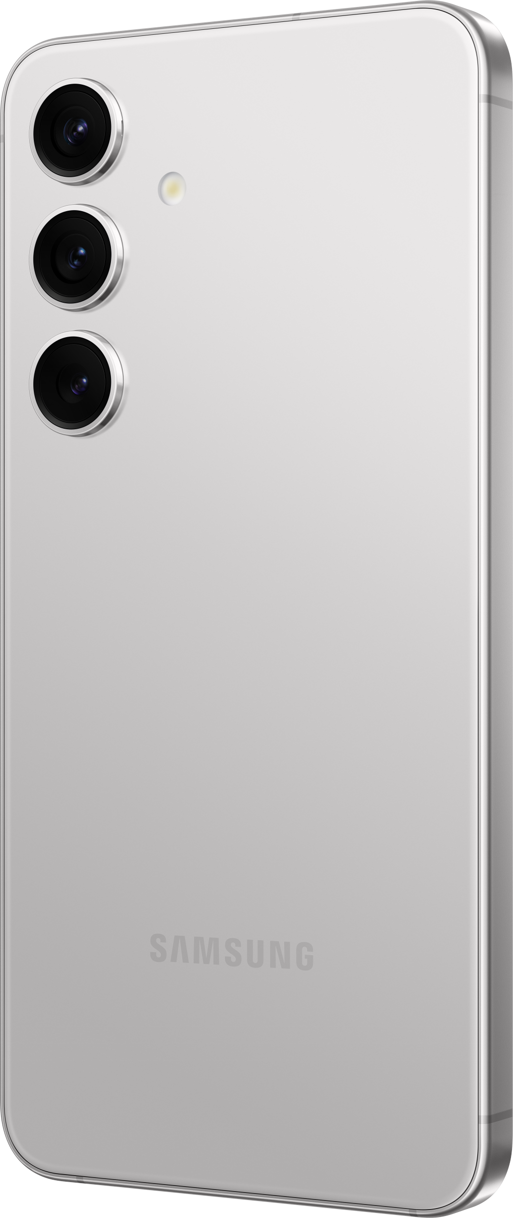 Ein silbernes Smartphone von hinten betrachtet, zeigt drei Kameralinsen und das Samsung-Logo.