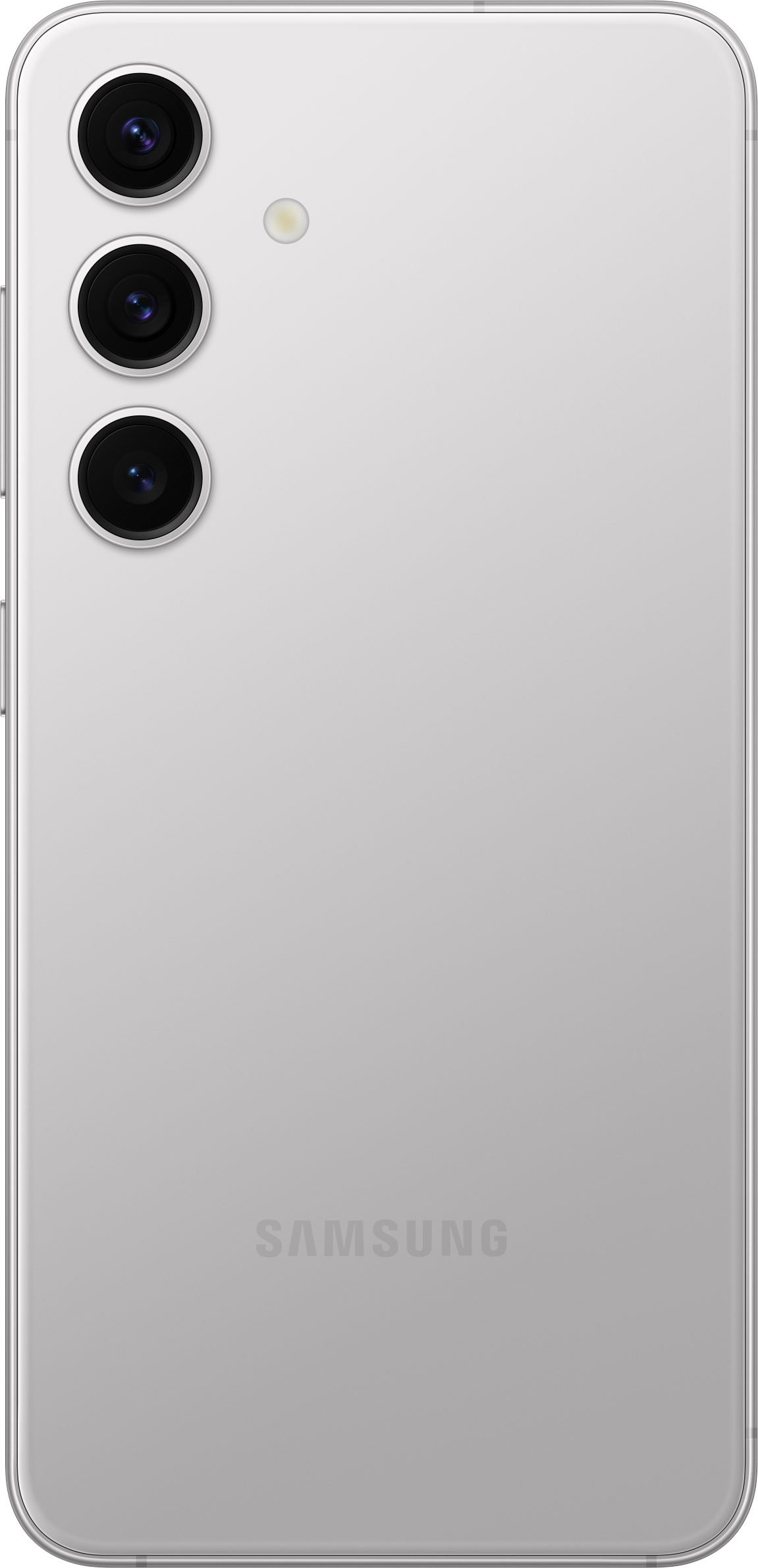 Rückseite des silbernen Telefons mit drei Kameras, einem Blitz und dem Samsung-Logo.