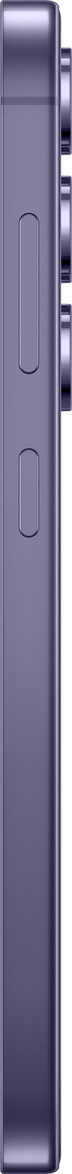 Lila Telefonseite. Zwei Knöpfe und drei Kameralinsen sichtbar. Schwarzer Hintergrund.