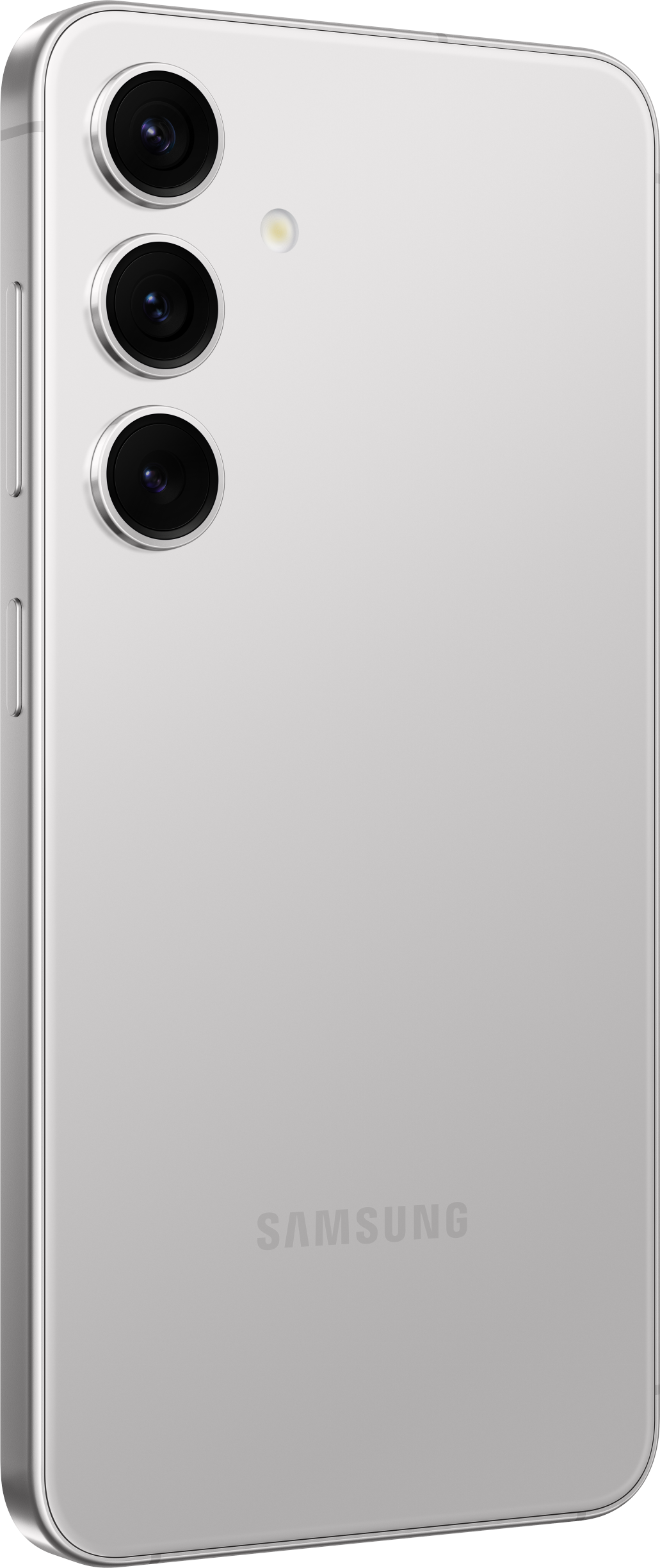 Silbernes Telefon hinten mit drei Kameras. Weißer Hintergrund.