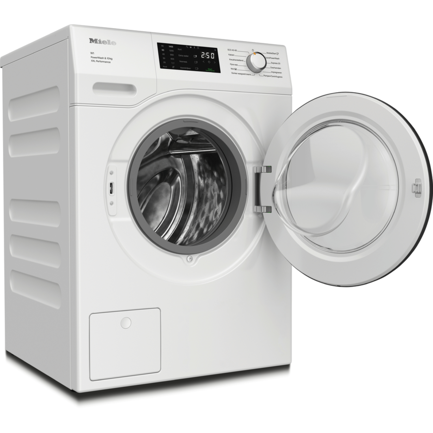 White washing machine with an open door, showing the drum, the control panel and the logo.