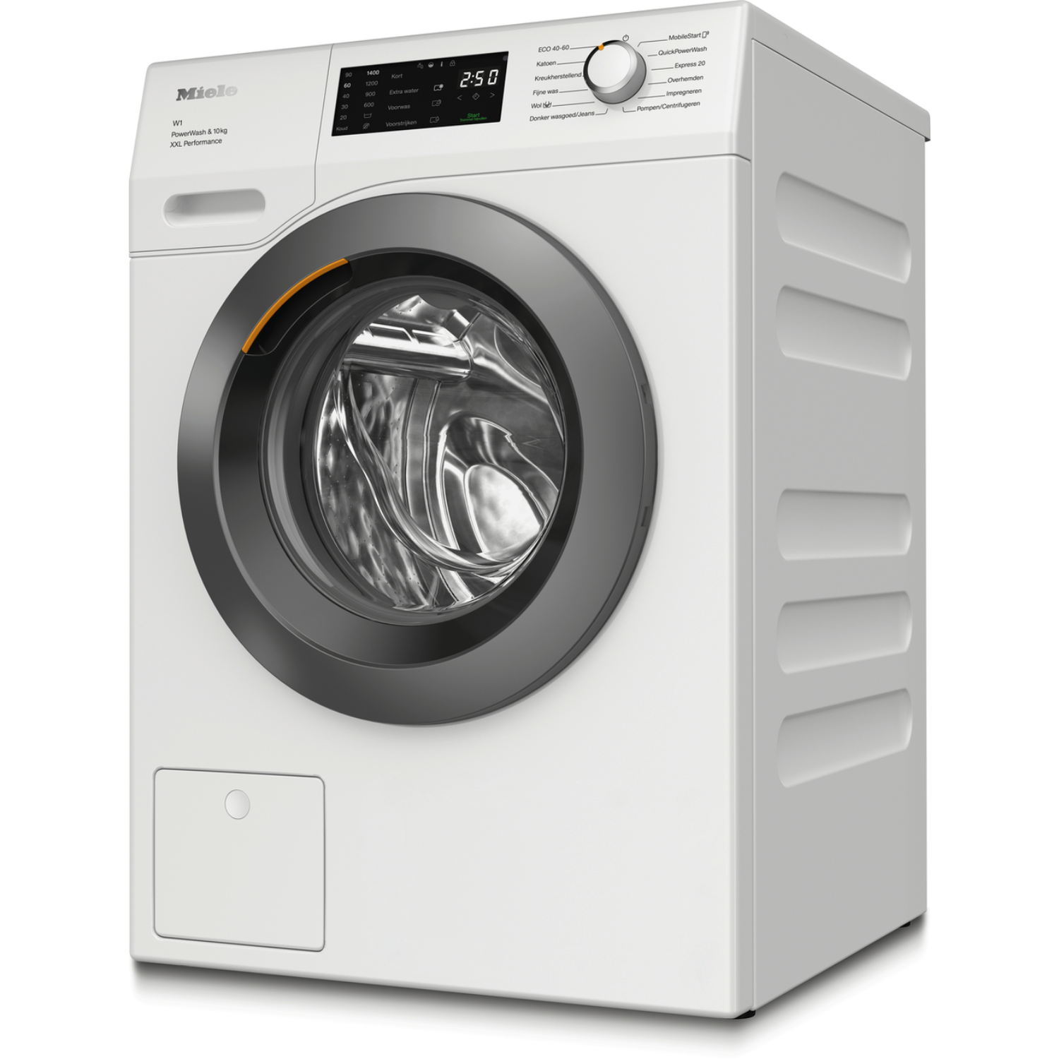 White washing machine with a dark gray door and control panel. It has a display showing 2:50.
