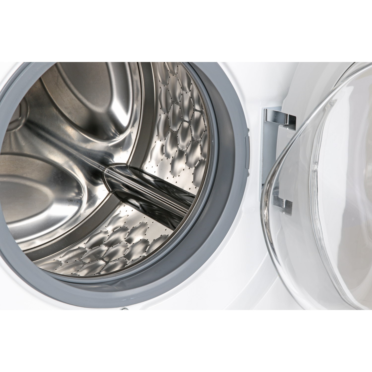 Washing machine drum interior. Open door, grey gasket, stainless steel drum.