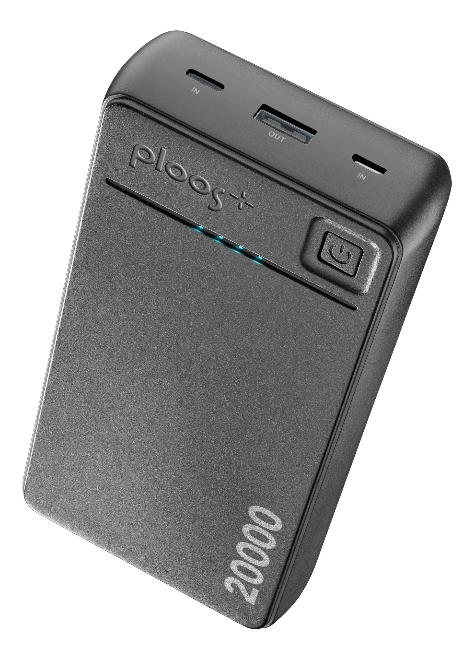 Batterie externe noire avec boutons, ports USB et étiquette 20000.
