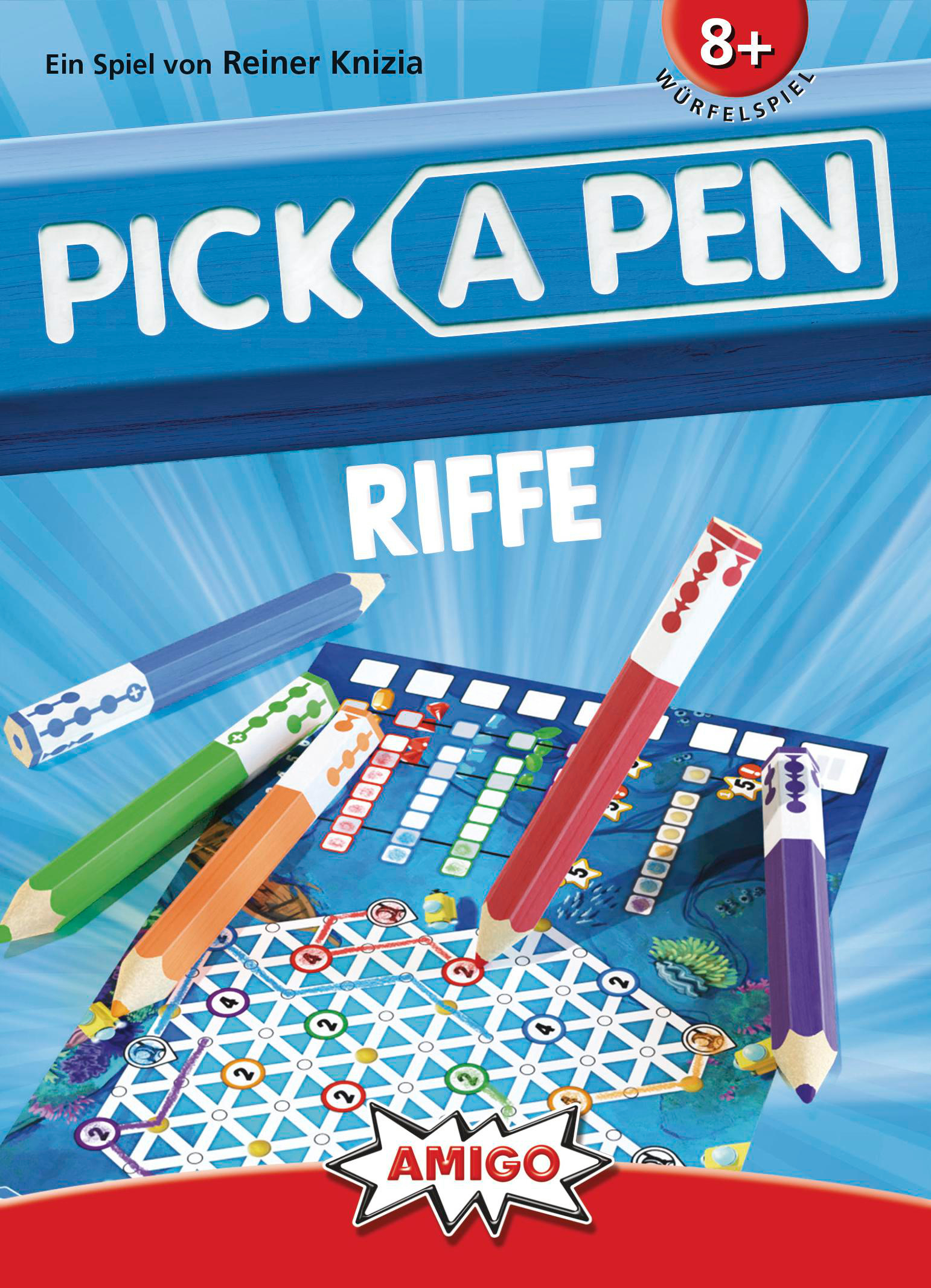 Schachtel des Kartenspiels Pick a Pen. Bild von Stiften und Spielbrett.