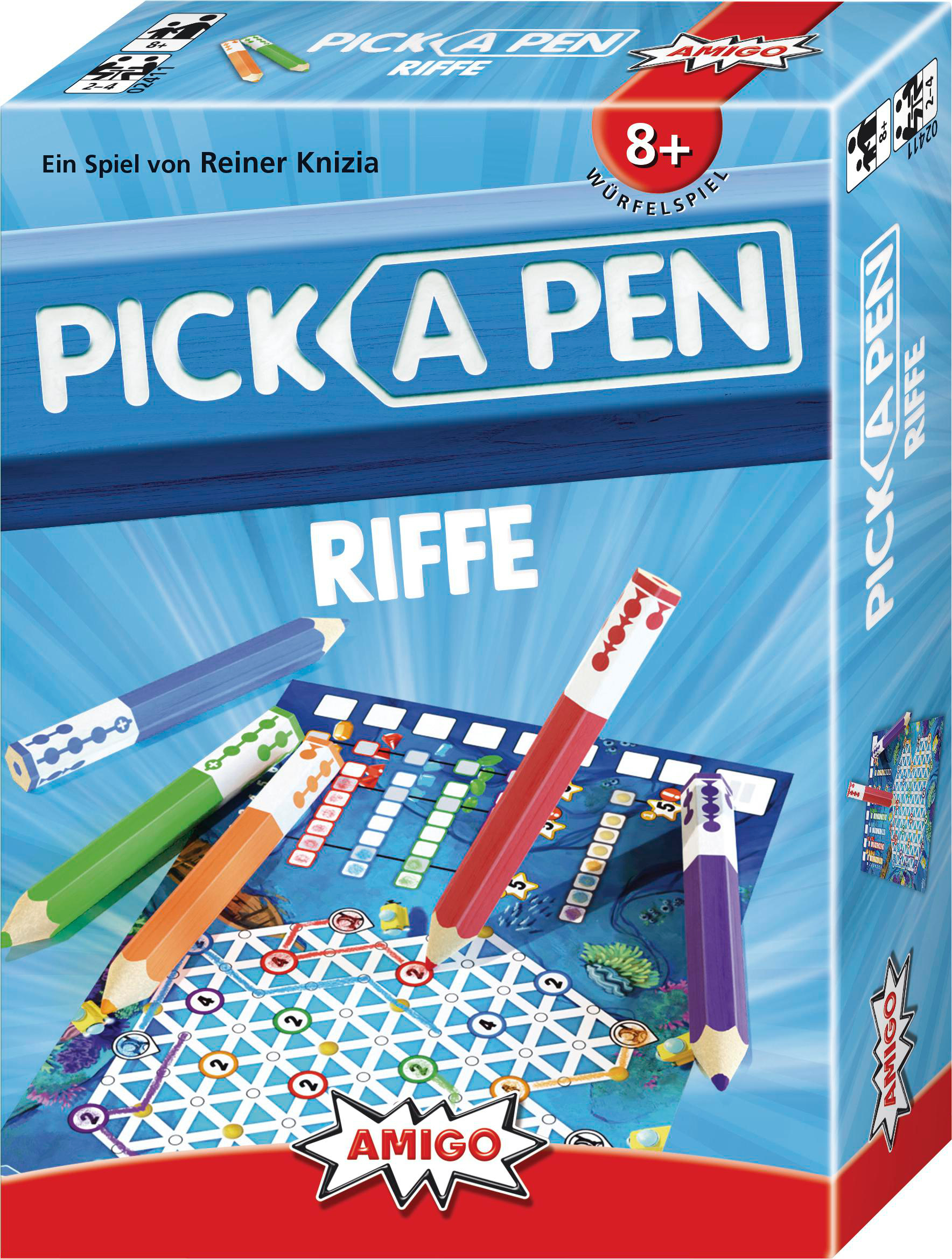 Schachtel für ein Spiel, 'Pick a Pen Riffe', mit Bleistiften auf dem Spielbrett und Spielnamen.