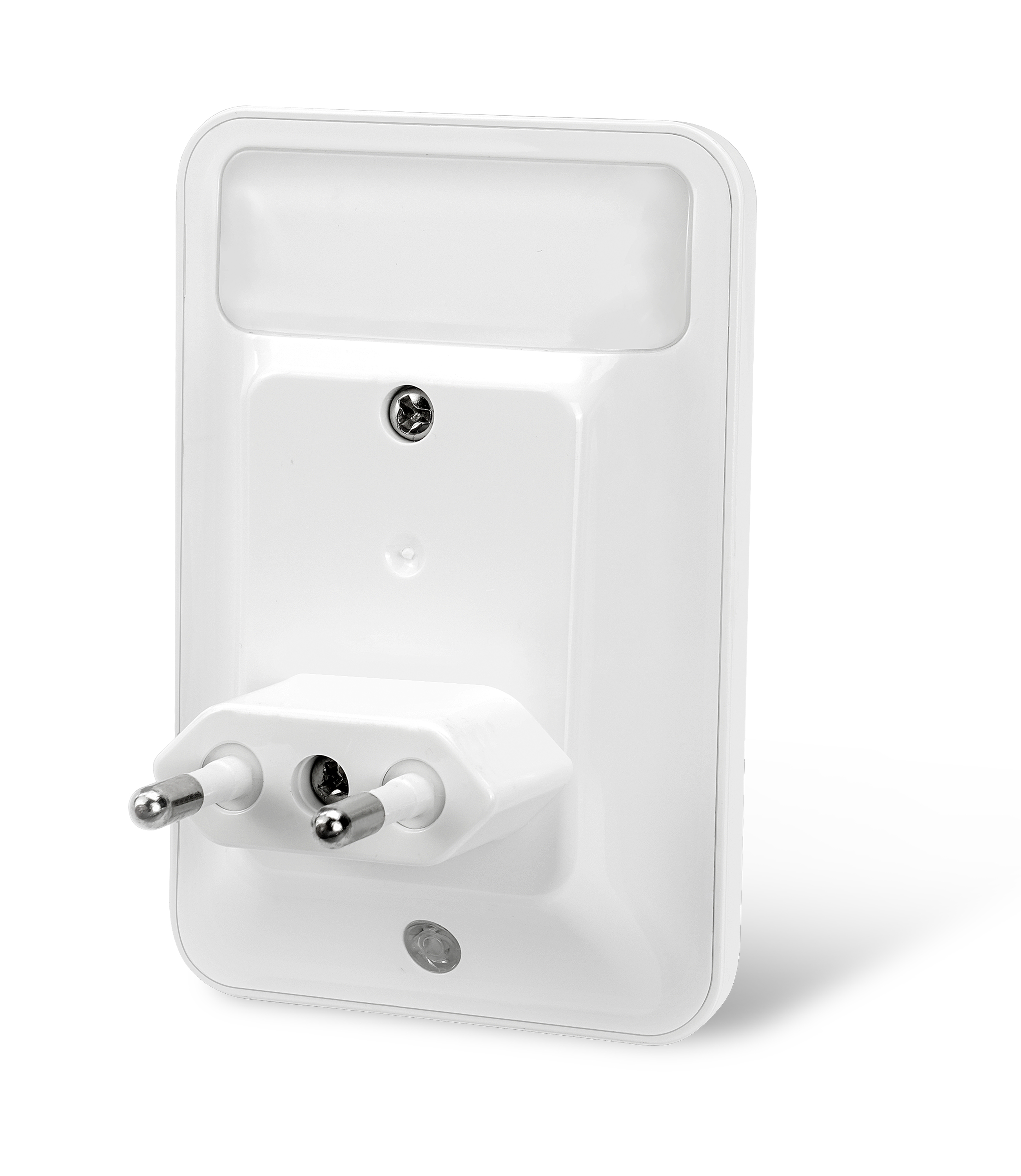 Weißes Plug-in-Nachtlicht mit einem Licht oben. Weißer Hintergrund.