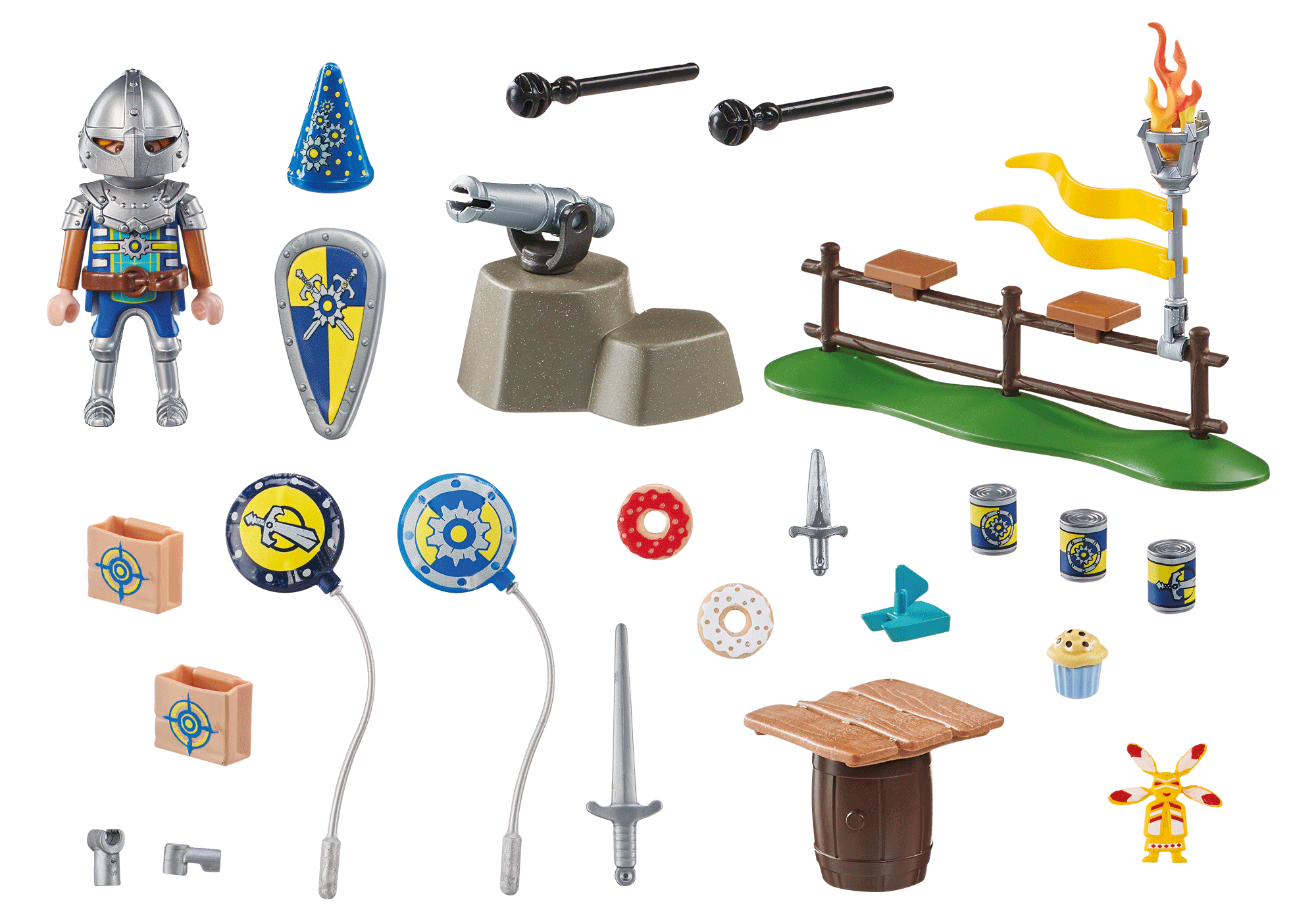 Ritterspielzeug mit Rüstung, Schild und Zubehör. Kanone, Fackeln und Zaun sind auch sichtbar.
