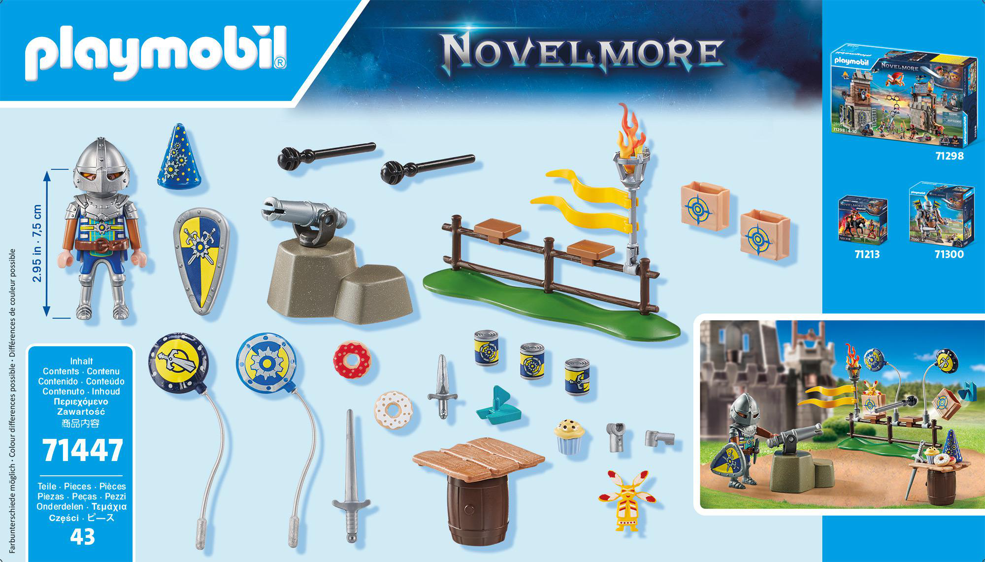 Playmobil Novelmore-Set mit Figuren und Zubehör vor weißem Hintergrund, einschließlich einer Burg.