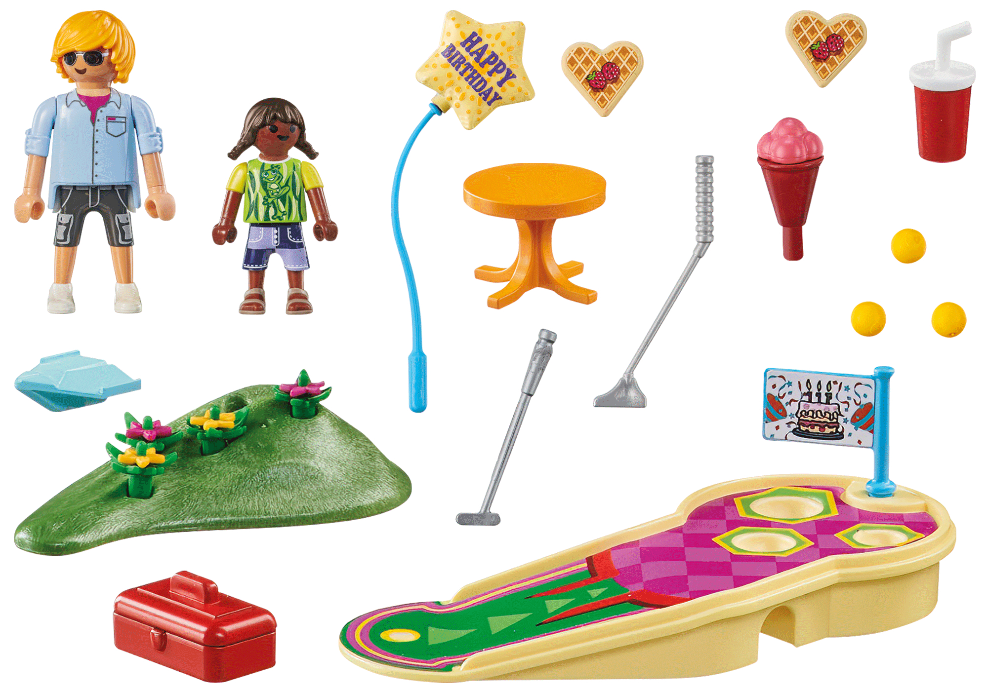 Playmobil-Geburtstagsszene mit Figuren, Golfplatz und Zubehör.