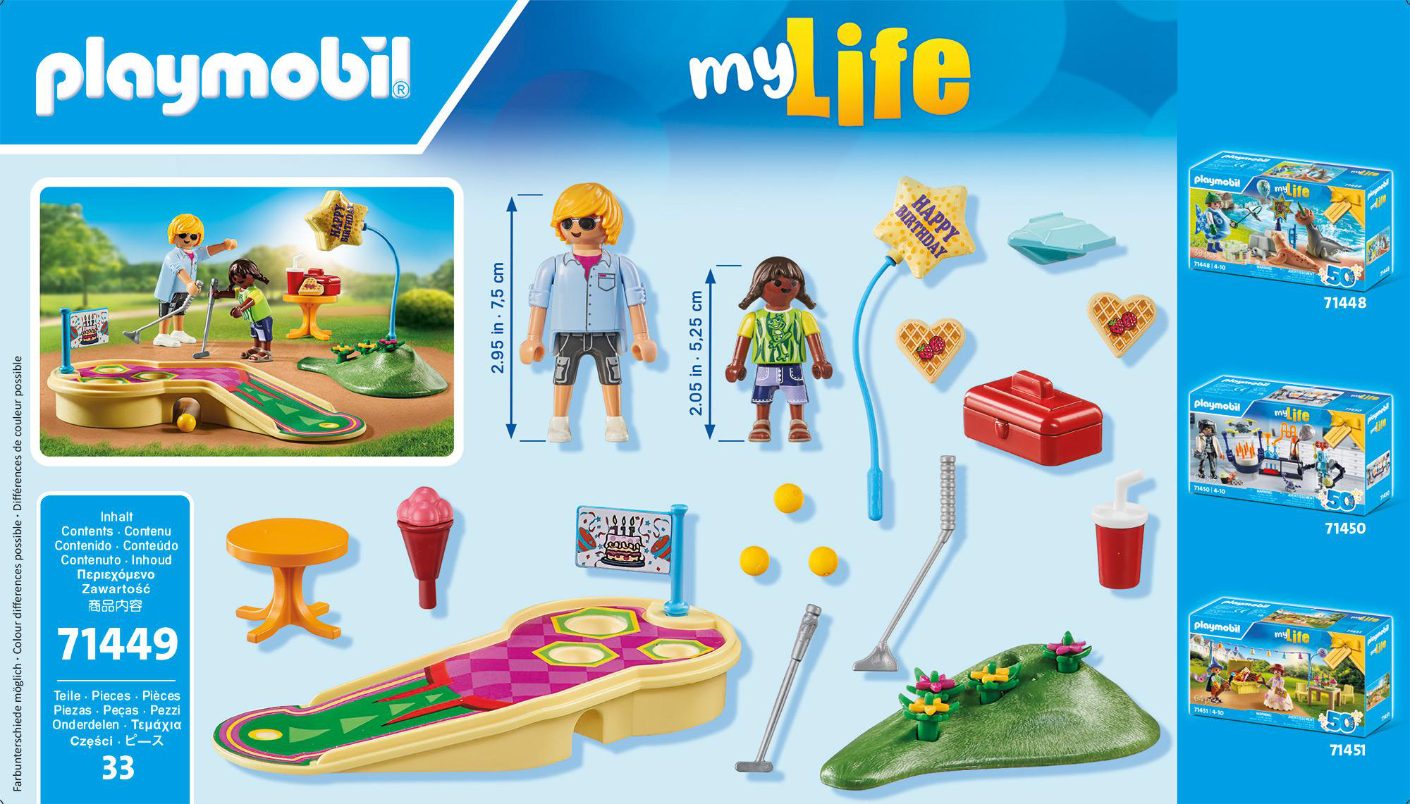 Playmobil-Set mit Figuren, die Golf spielen, Kurselementen und Zubehör.