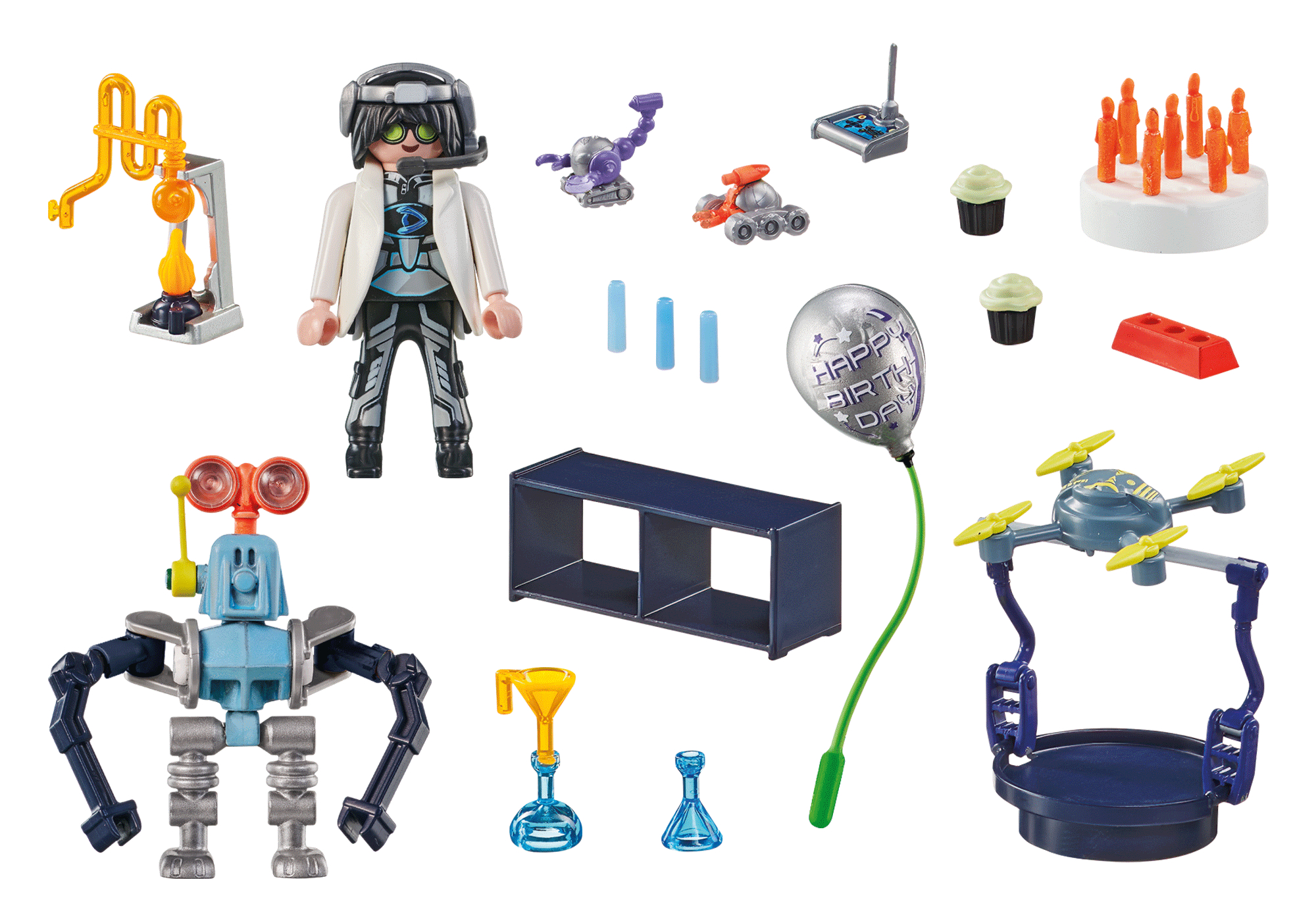 Playmobil-Wissenschaftler mit Laborausrüstung, Roboter, Drohne, Geburtstagskuchen und Luftballons. Weißer Hintergrund. Verschiedene Spielzeuge.