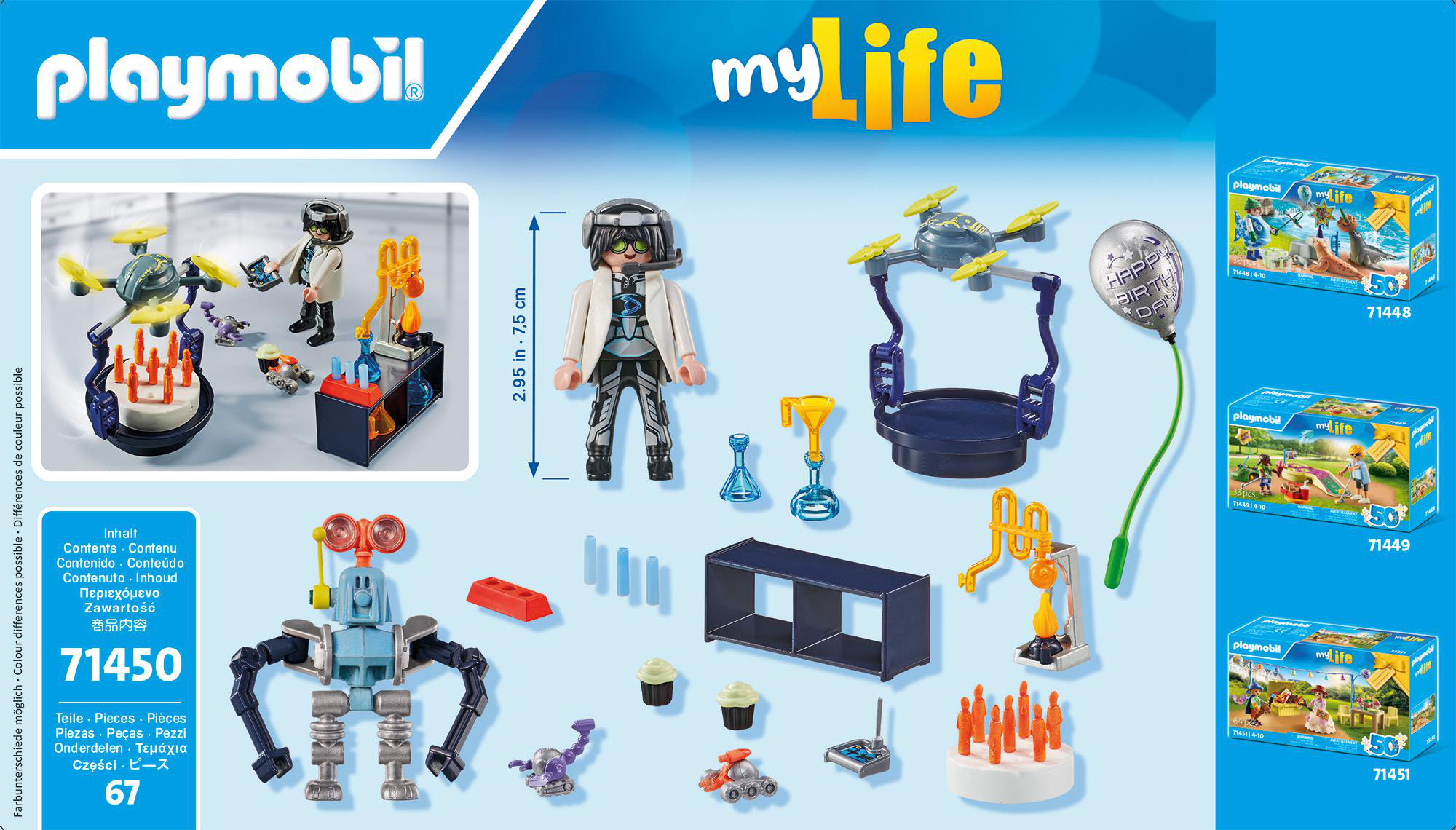 Playmobil-Box-Set mit Wissenschaftler, Roboter, Drohne und Zubehör, mit zusätzlichen Box-Sets.