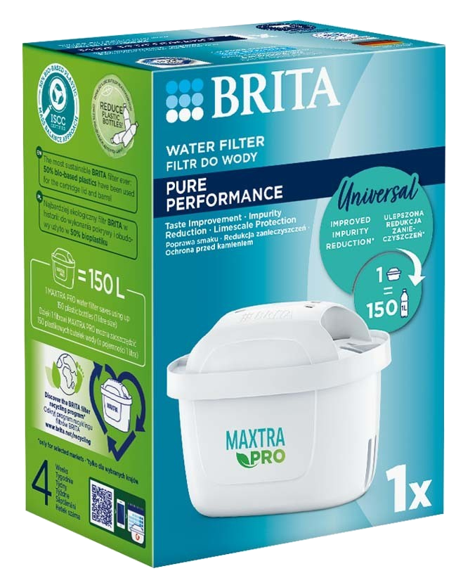 Egy fehér Brita vízszűrő doboz egy szűrővel.