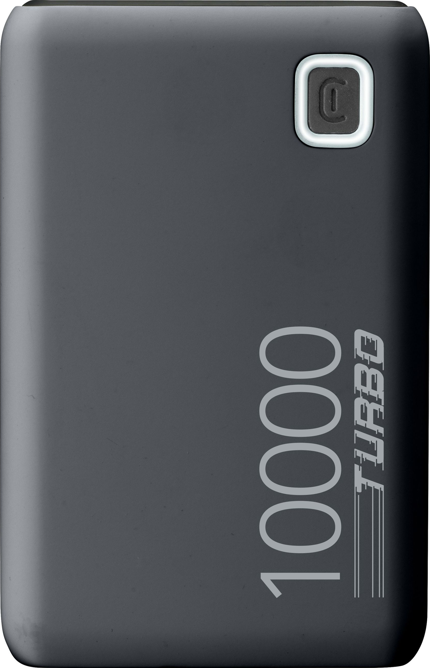 Dunkelgraue Powerbank mit weißem Text und Knopf. Schwarzer Hintergrund.