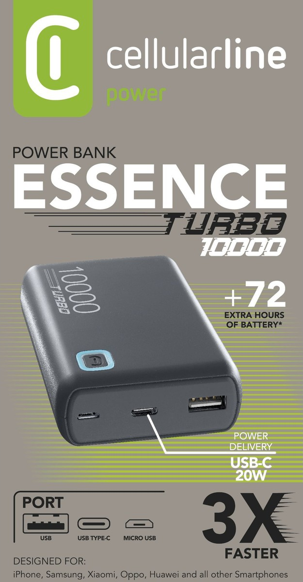 Powerbank mit Text und Anschlüssen. Schwarzer Hintergrund.