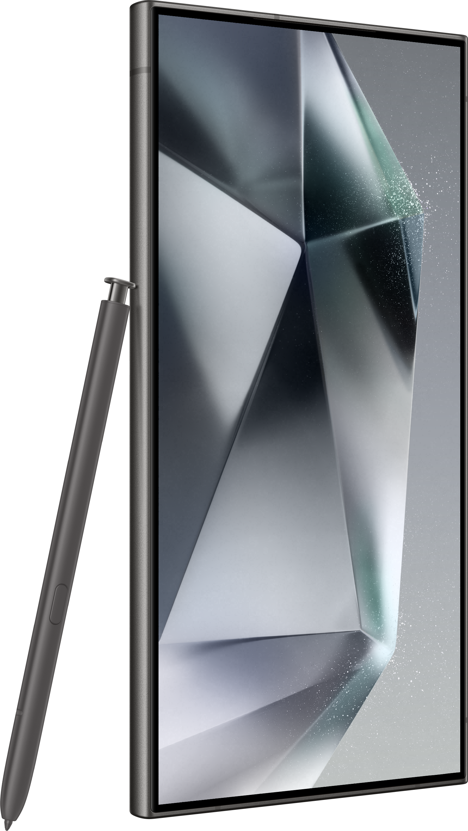 Un smartphone avec un stylet à côté, affichant un design abstrait sur son écran.