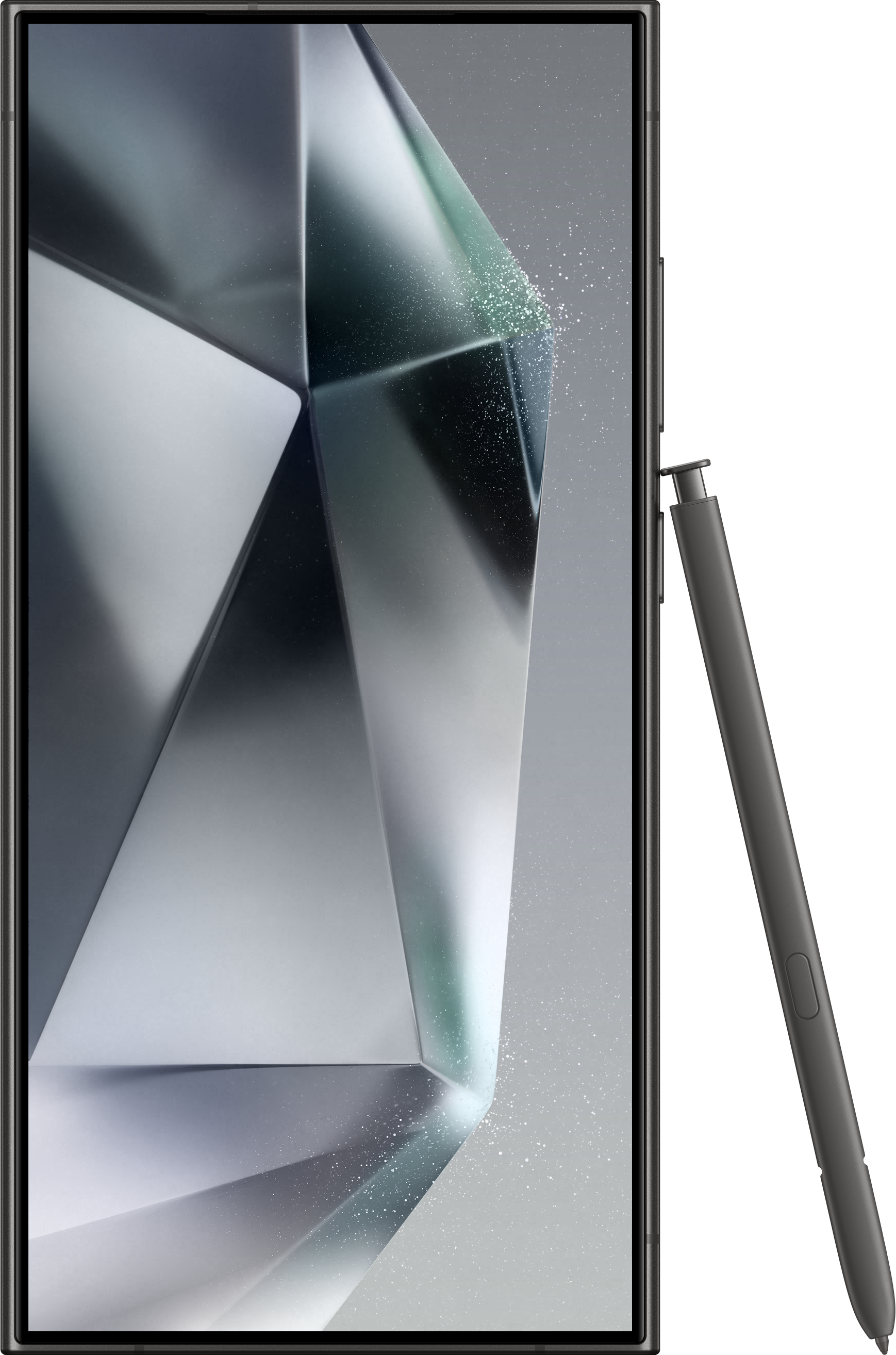 Un smartphone avec un design géométrique sur l'écran, avec un stylo.