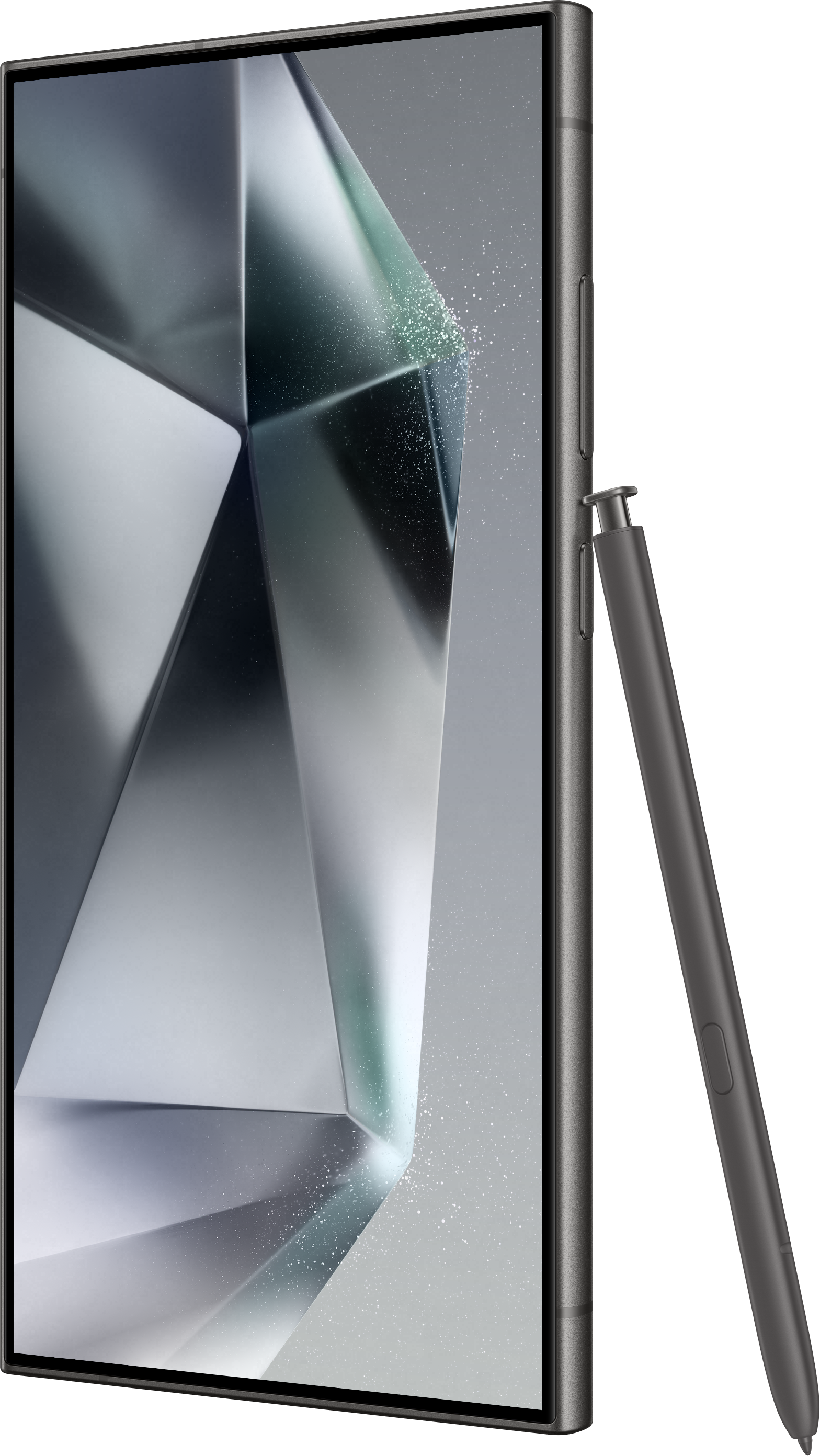 Téléphone argenté avec stylet. Fond argenté. Fond noir.