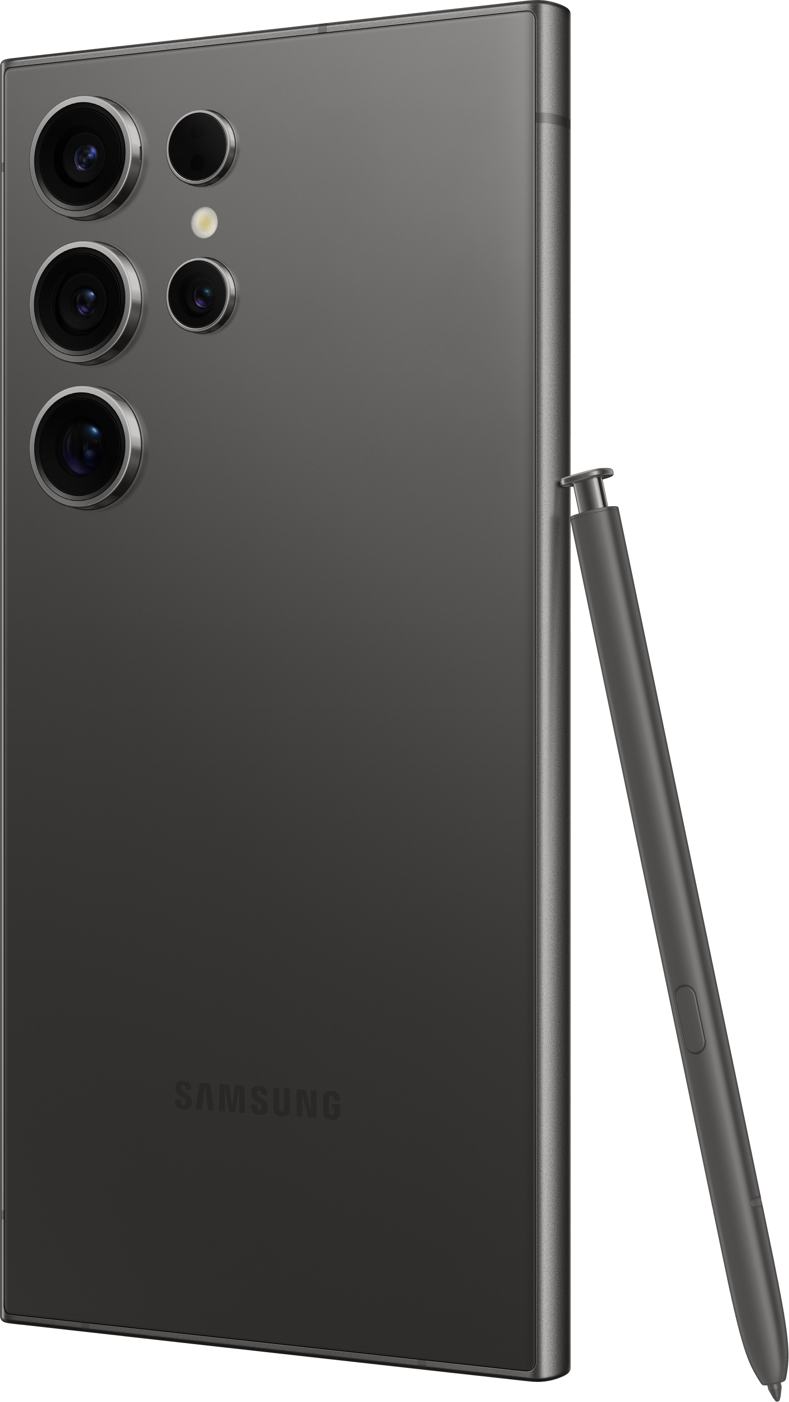 Un smartphone gris avec plusieurs caméras arrière et un stylet est montré.