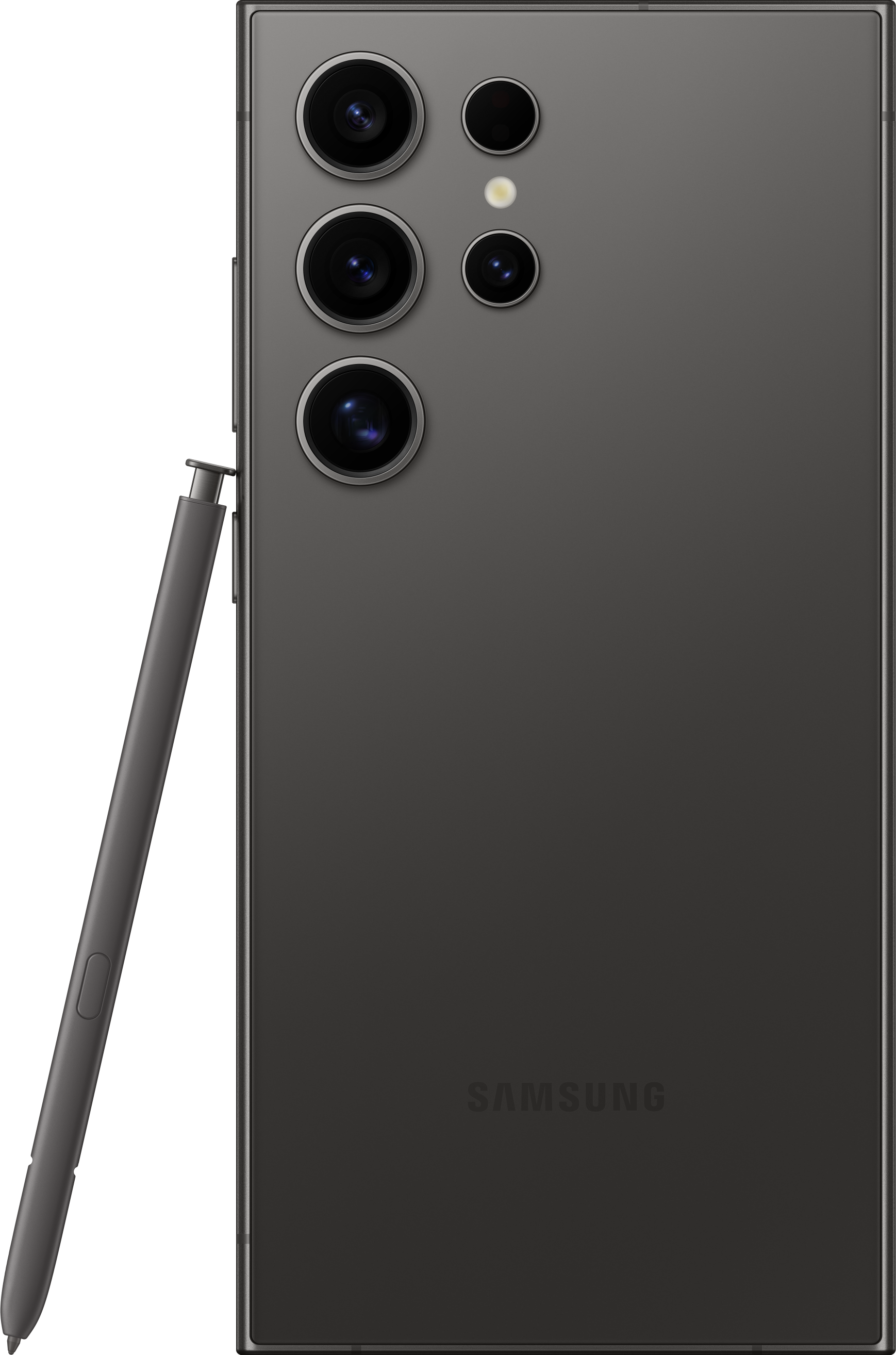 Arrière du téléphone Samsung gris foncé avec caméras et stylet. Le téléphone est sur fond noir. Les caméras sont en rangée.