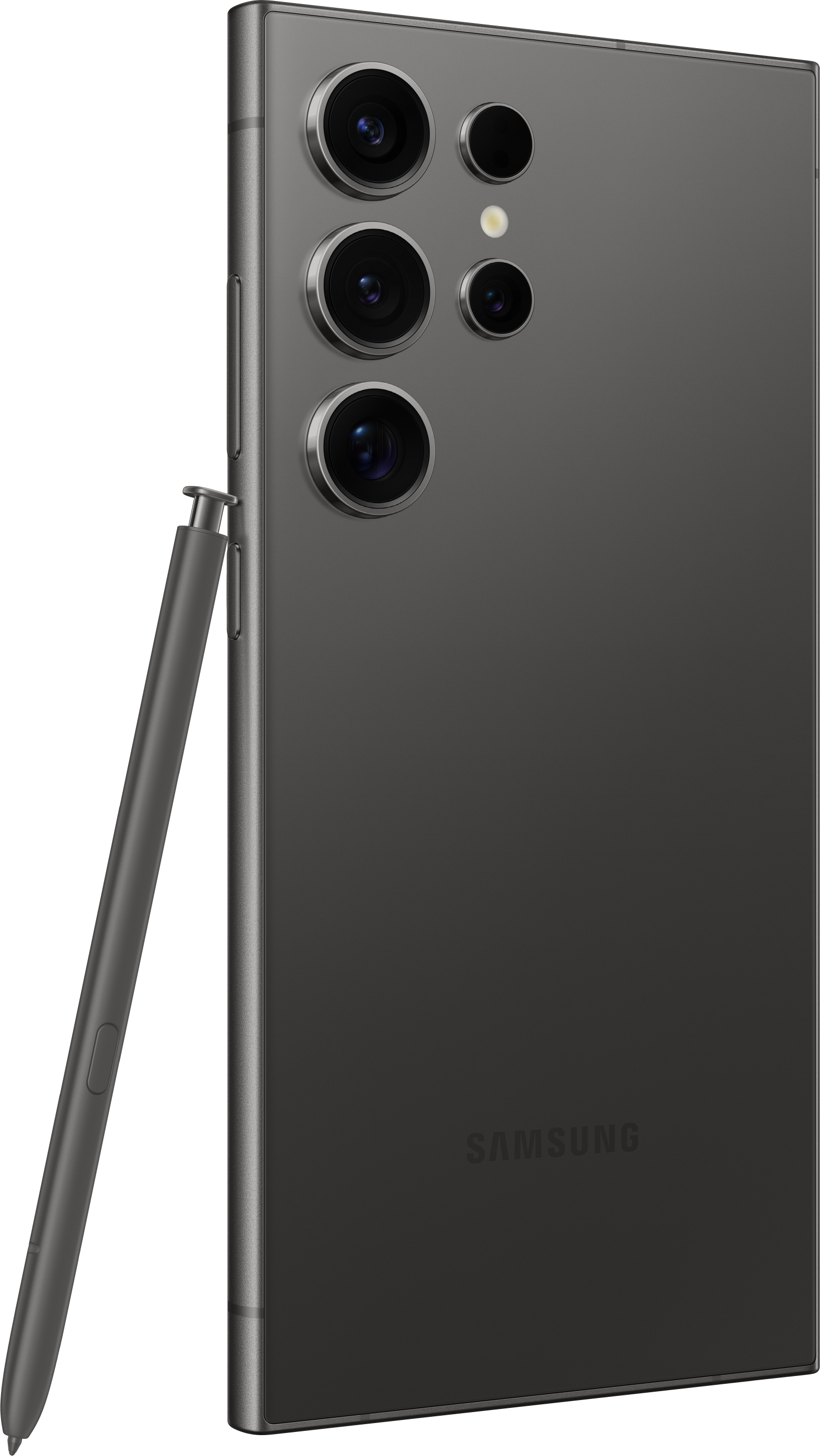 Smartphone gris foncé avec stylet, sur fond noir.