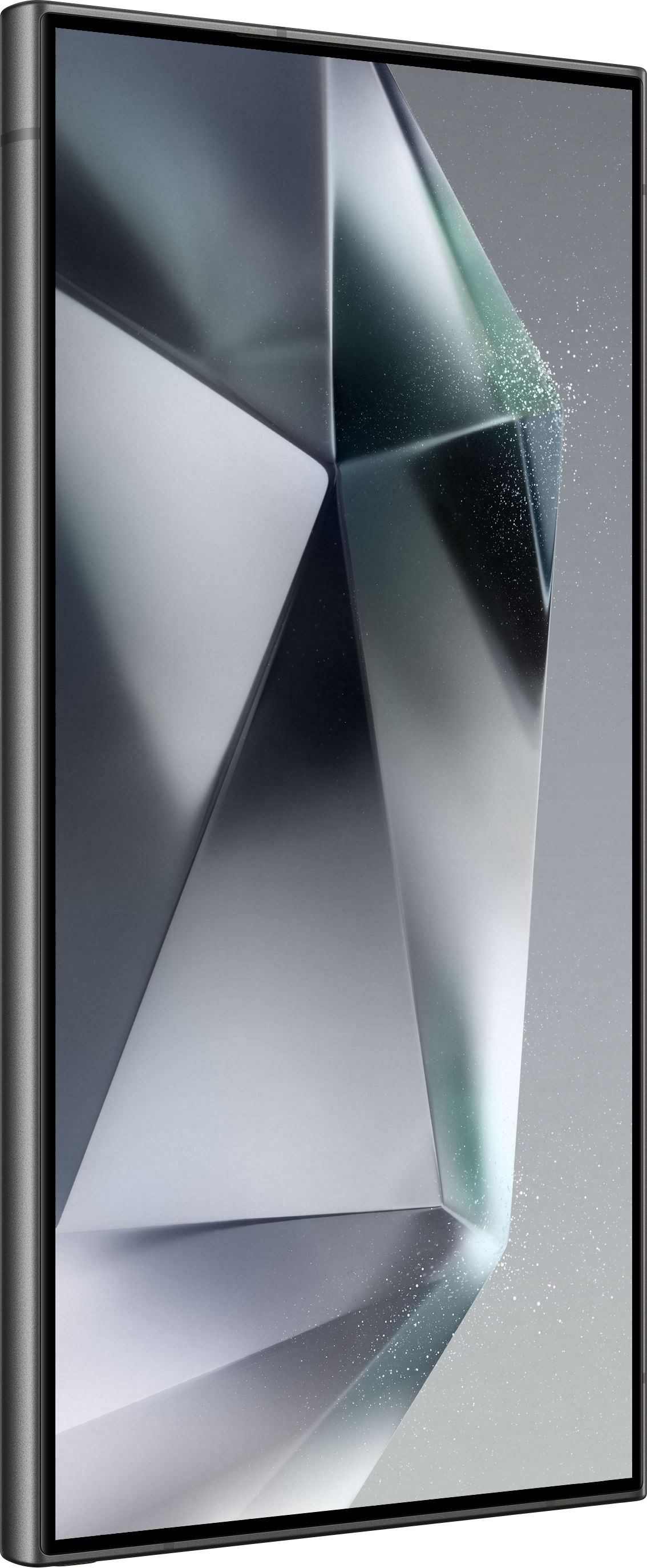 Vue latérale d'un smartphone, écran affichant des formes abstraites, cadre gris. Isolé sur blanc.