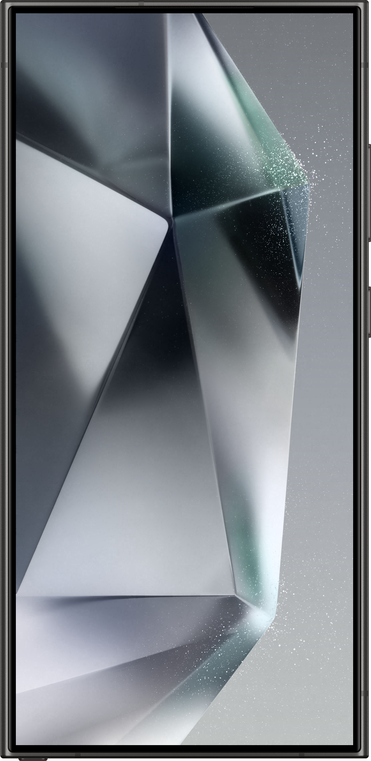 Écran de smartphone affichant un design abstrait et géométrique dans des tons gris.