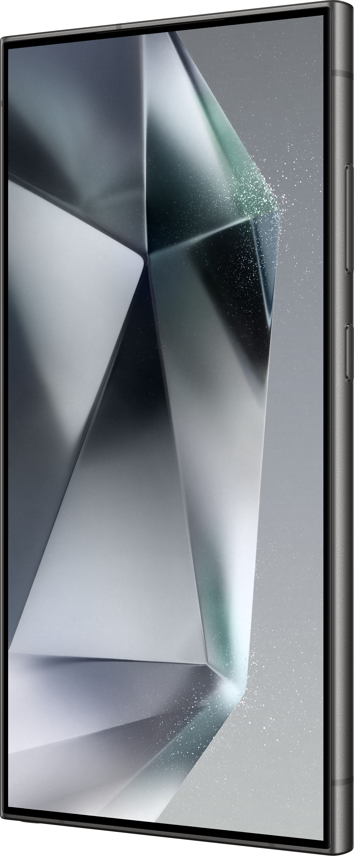 Smartphone avec écran affichant des formes grises abstraites et un cadre gris foncé.