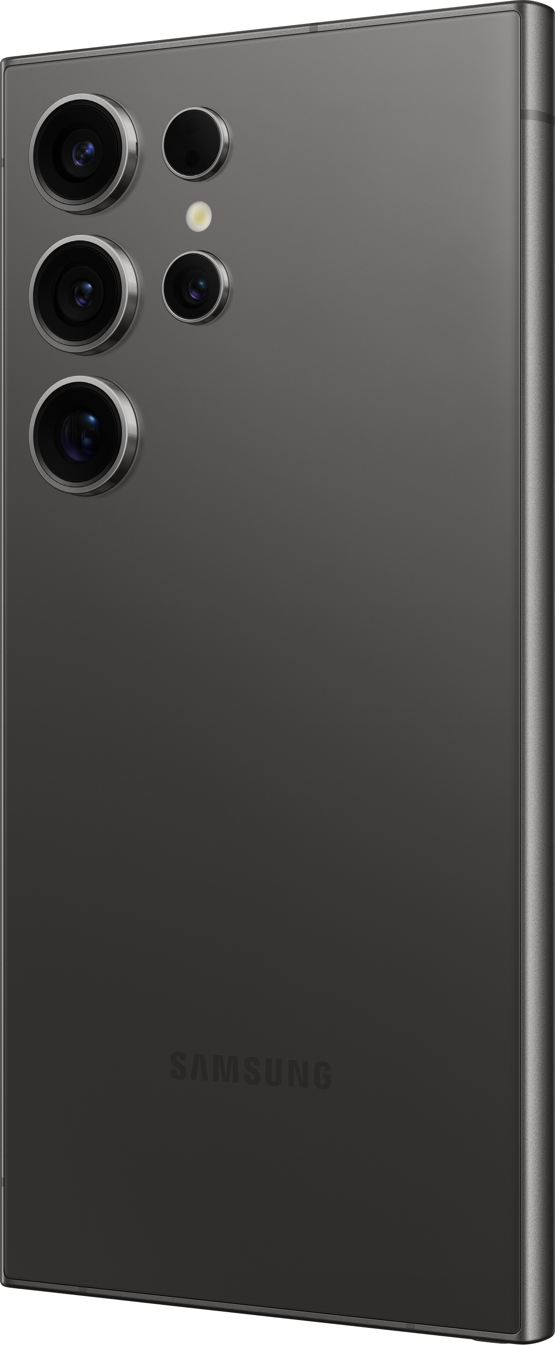 Un téléphone Samsung gris foncé avec plusieurs caméras arrière, vue de profil latéral.
