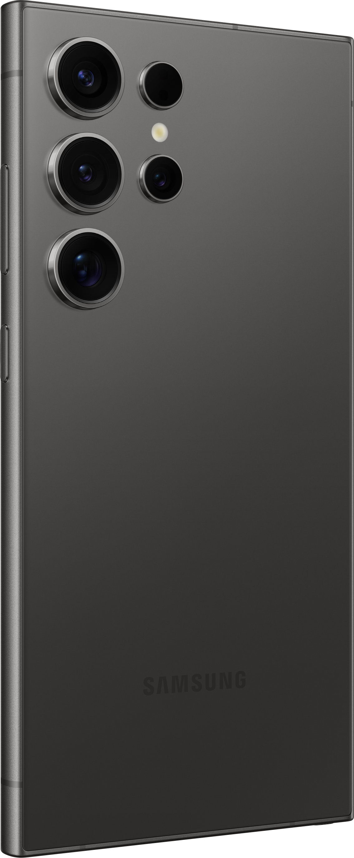 Profil latéral d'un smartphone, montrant des caméras, un flash et le logo Samsung sur une surface grise.