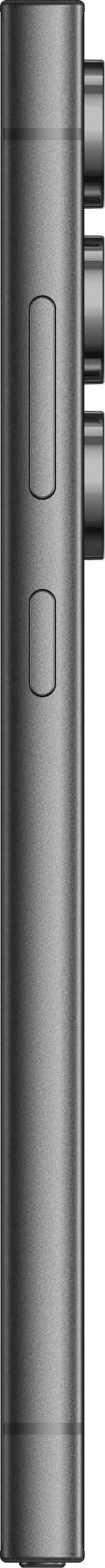Gros plan sur le côté d'un smartphone gris foncé. Il a des boutons et une finition métallique.