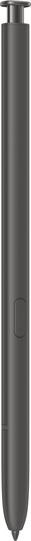 Un stylet gris foncé, isolé sur fond noir. Le stylet a un dessus argenté et un bouton sur le côté.
