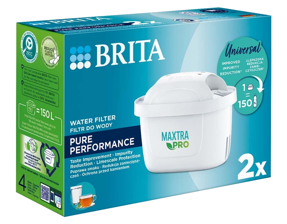 Brita vízszűrők doboza, fehér szűrő látható. Szöveg: Pure Performance.