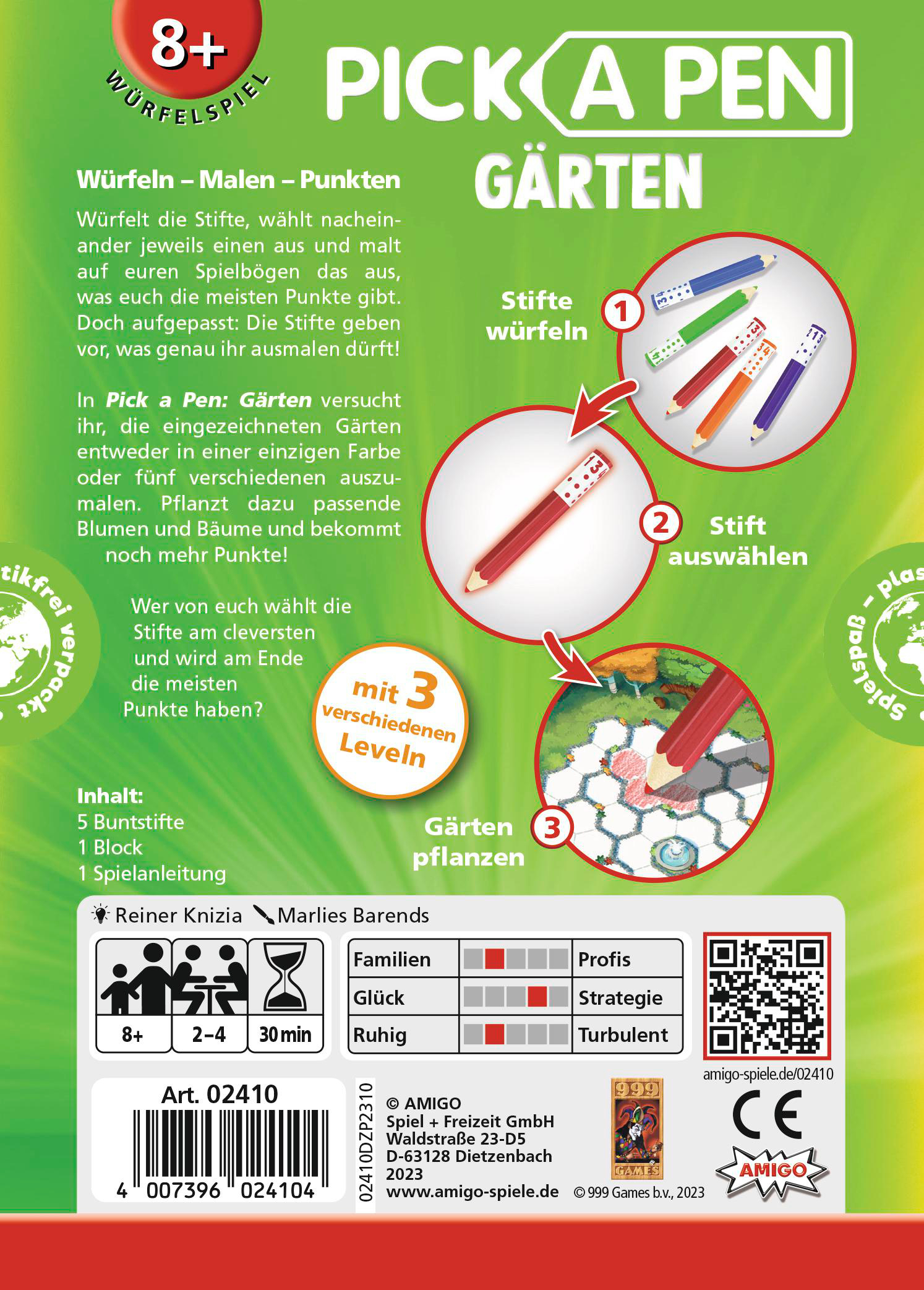 Rückseite einer Pick a Pen Garten Brettspielbox. Es zeigt den Spielinhalt und Spielanweisungen.
